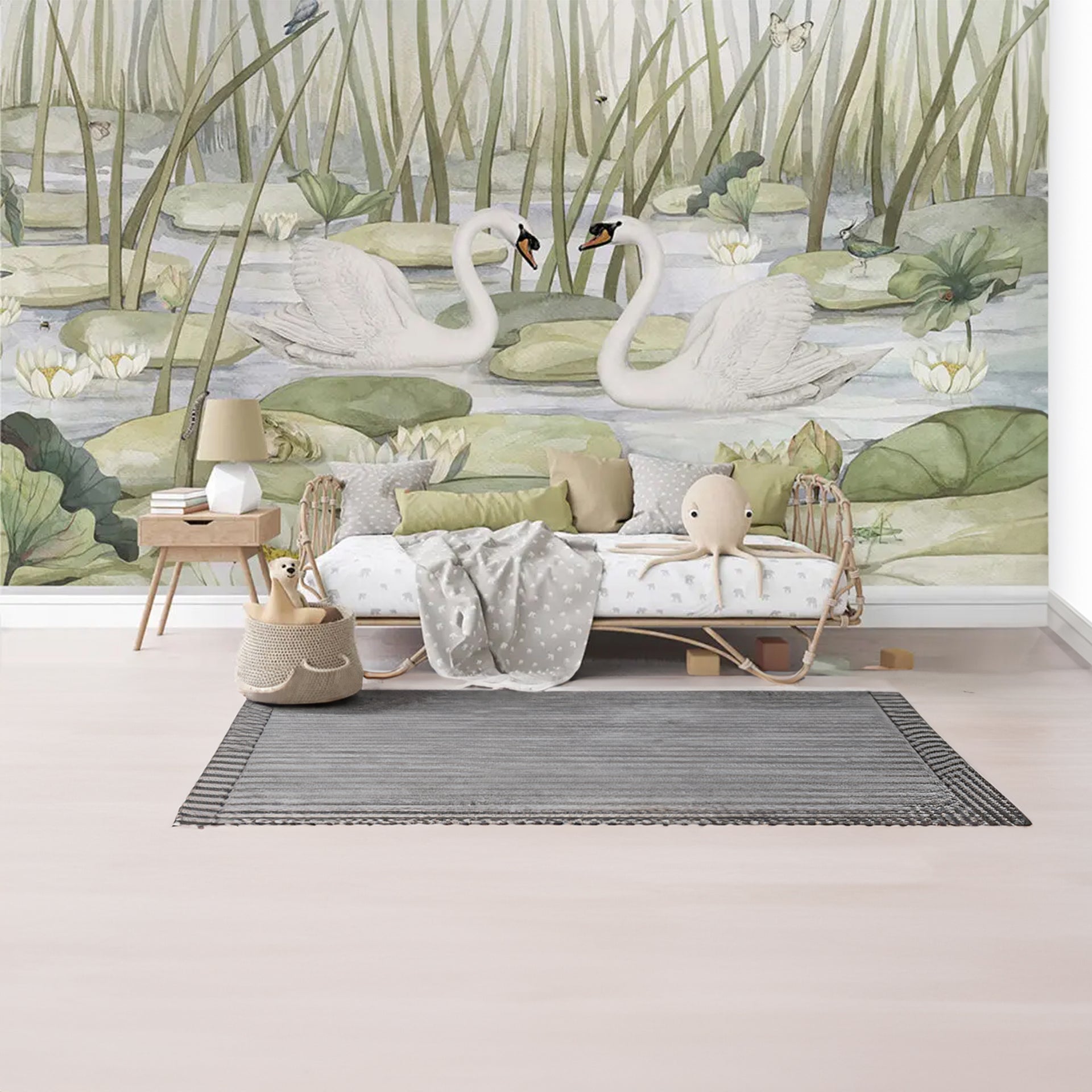 Spectacular-Swans: Serene White Swans Glide Across Lily Pad Pond Amid Reeds and Water Lilies