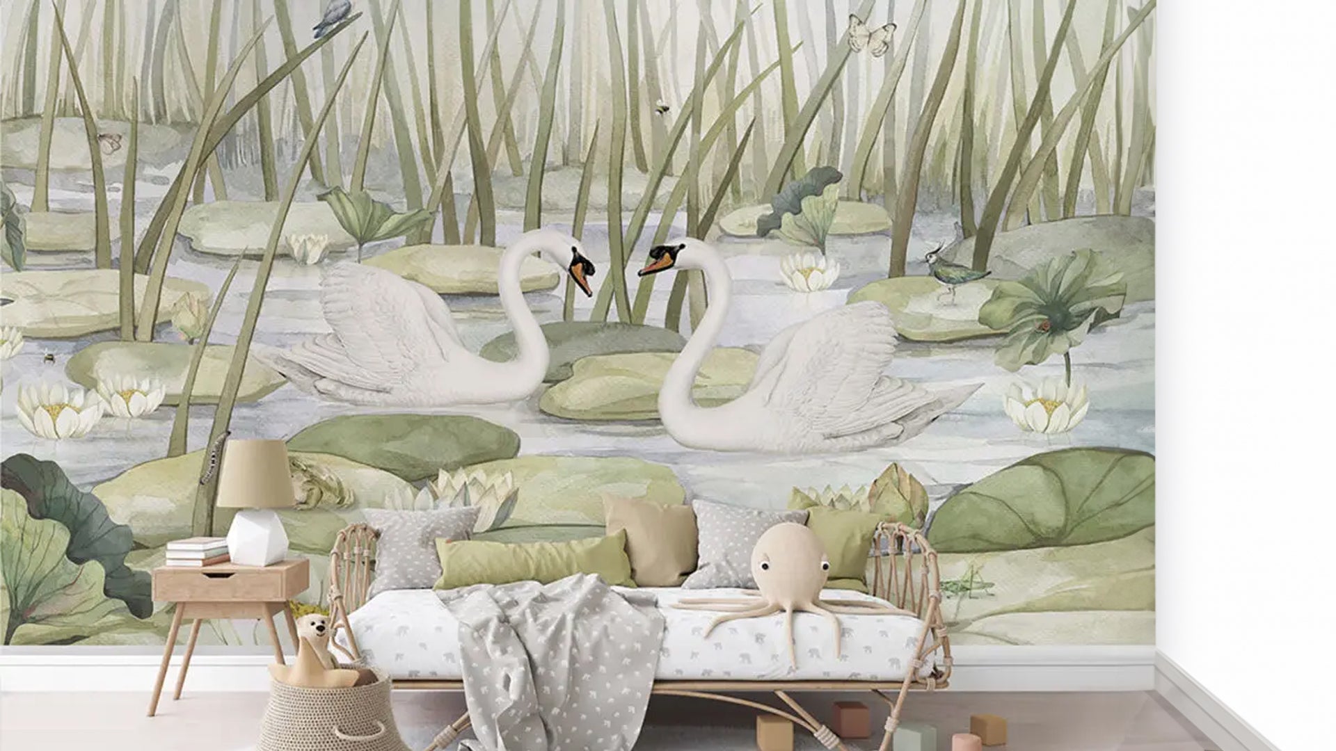 Swans and lotus wallpaper for room