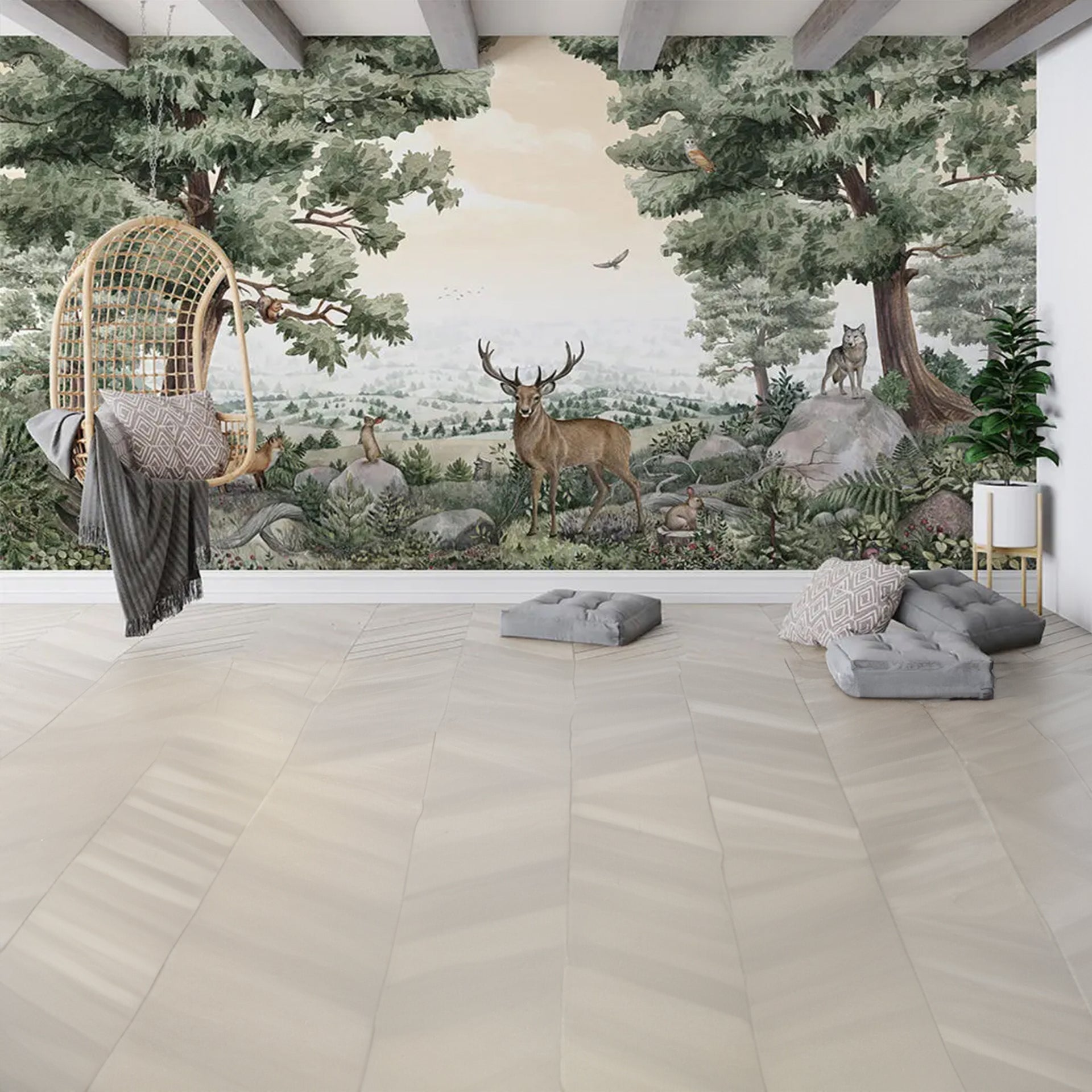 Forest-Vista: Serene Forest Panorama With Deer, Wolves, and Birds Amid Lush Pine Trees