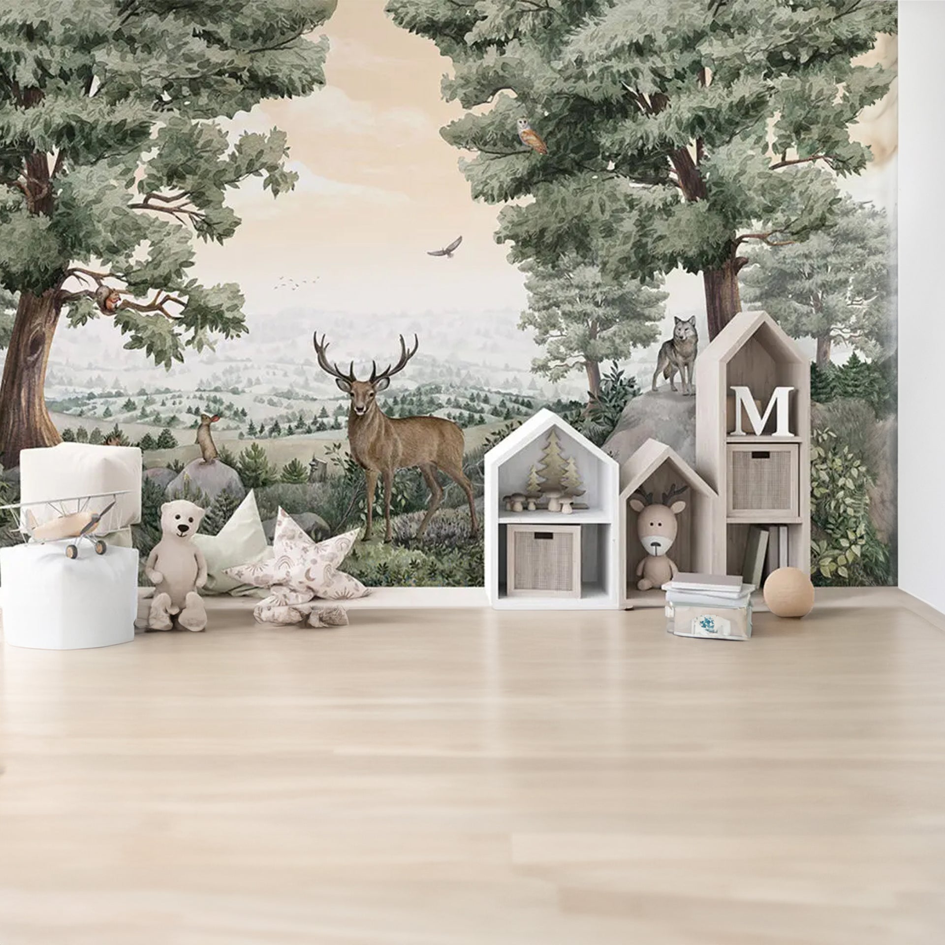 Forest-Vista: Serene Forest Panorama With Deer, Wolves, and Birds Amid Lush Pine Trees