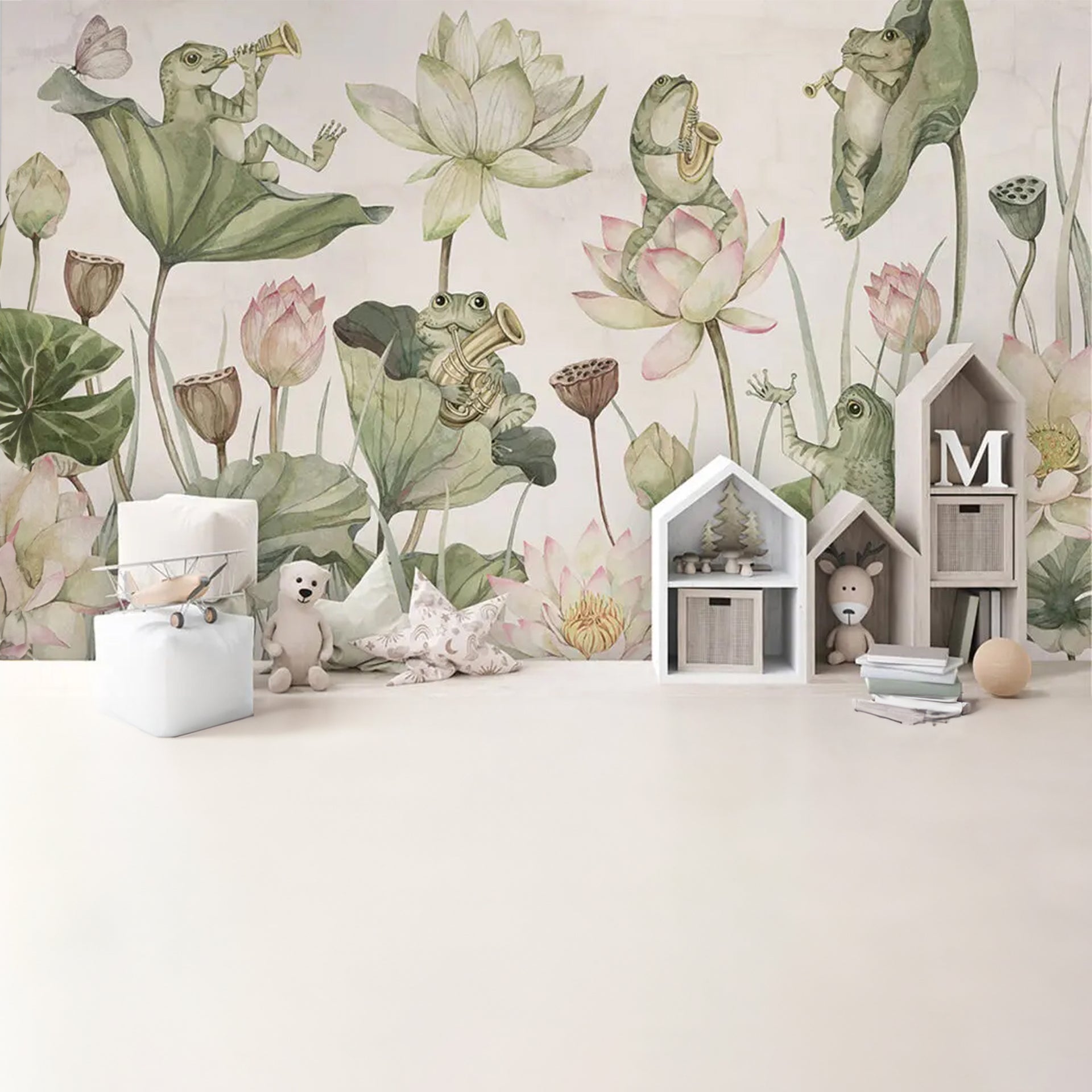 Water-Lily-Orchestra: Whimsical Frog Orchestra Amid Water Lilies And Lotus Flowers In Soft Watercolor