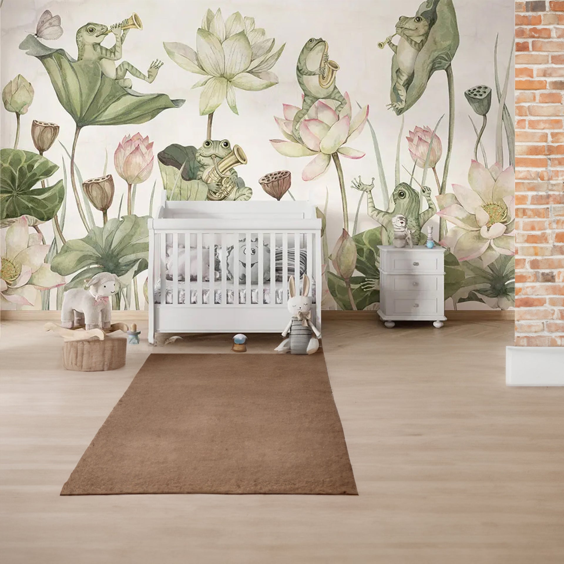 Water-Lily-Orchestra: Whimsical Frog Orchestra Amid Water Lilies And Lotus Flowers In Soft Watercolor