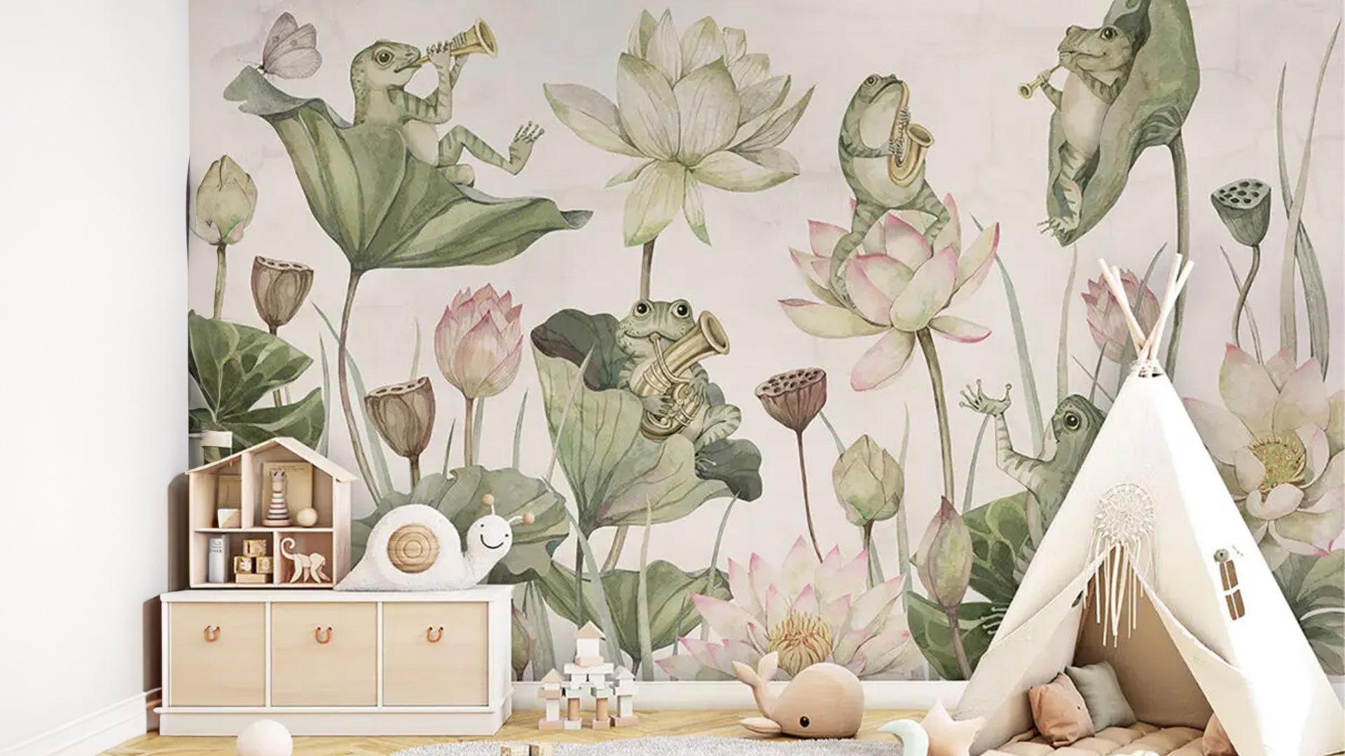 playful frog wallpaper for kids room