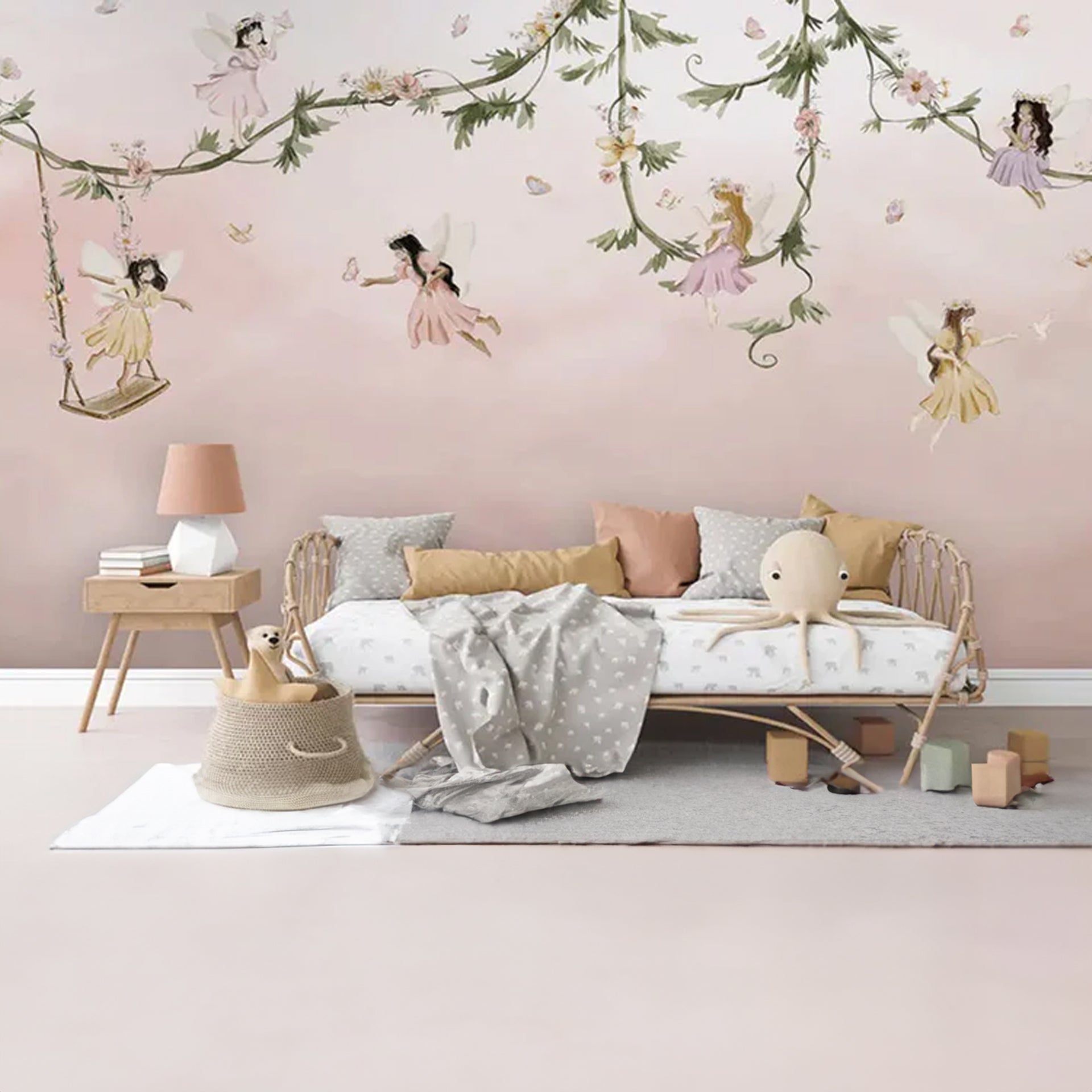 Dream-Flight: Whimsical Fairies Swing Along Floral Vines in a Soft Pink Sky