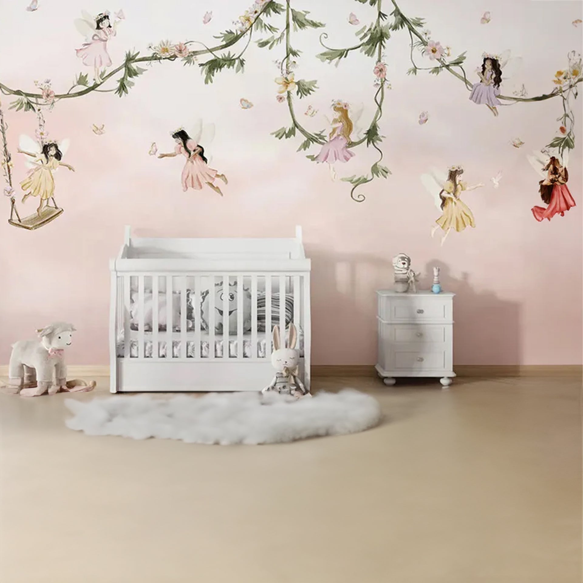 Dream-Flight: Whimsical Fairies Swing Along Floral Vines in a Soft Pink Sky