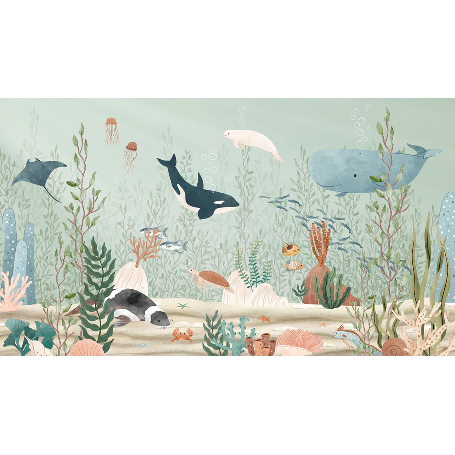 Kelp-Forest: Colorful Underwater Scene With Whales, Fish, Jellyfish and Coral Plants