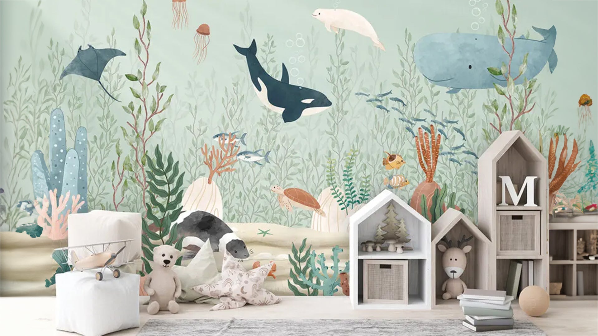 Aquatic animal kids room wallpaper