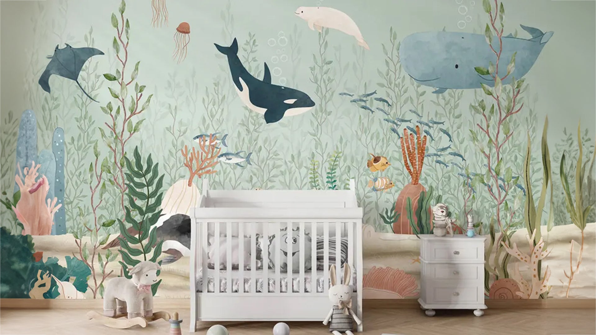 Aquatic animal kids room wallpaper