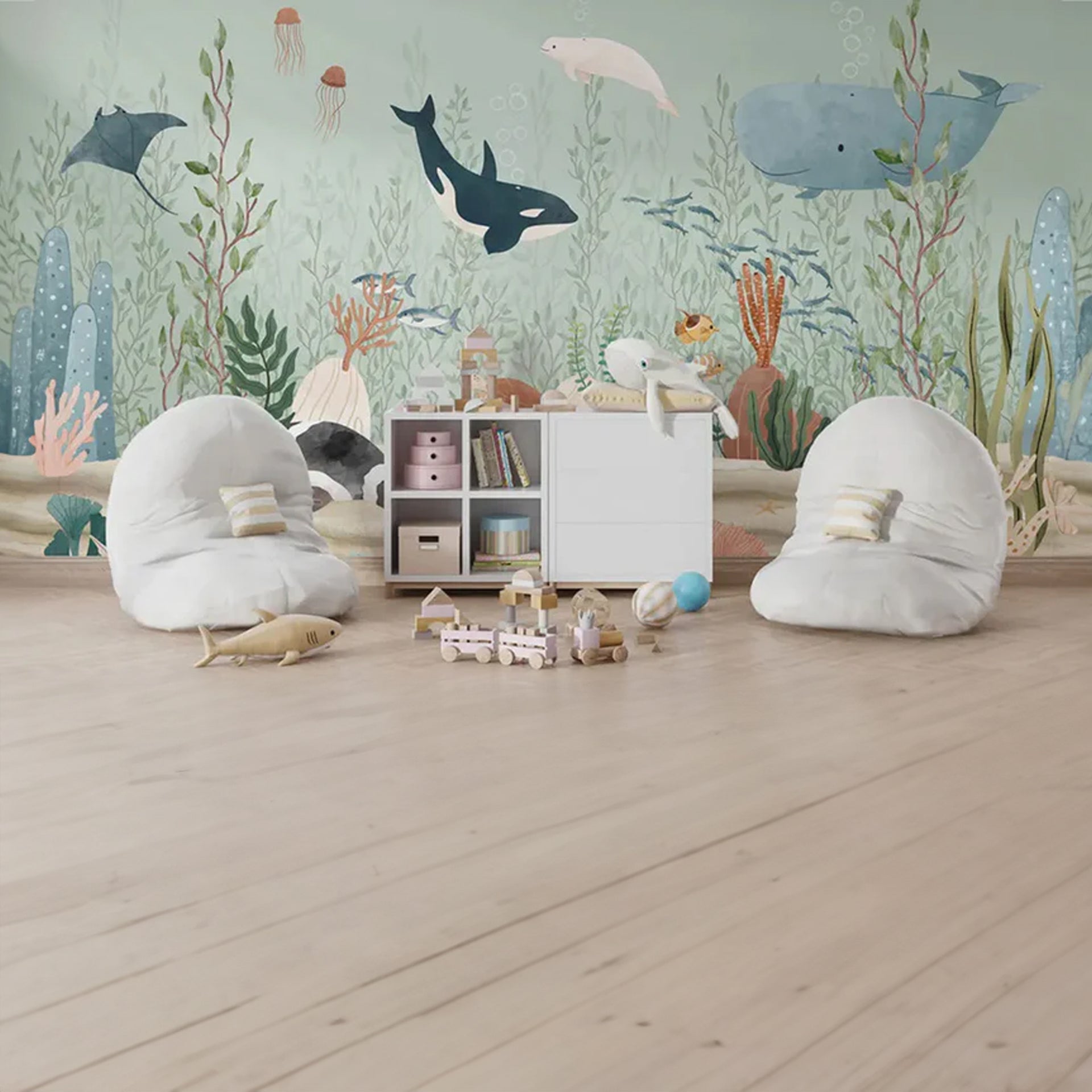 Kelp-Forest: Colorful Underwater Scene With Whales, Fish, Jellyfish and Coral Plants