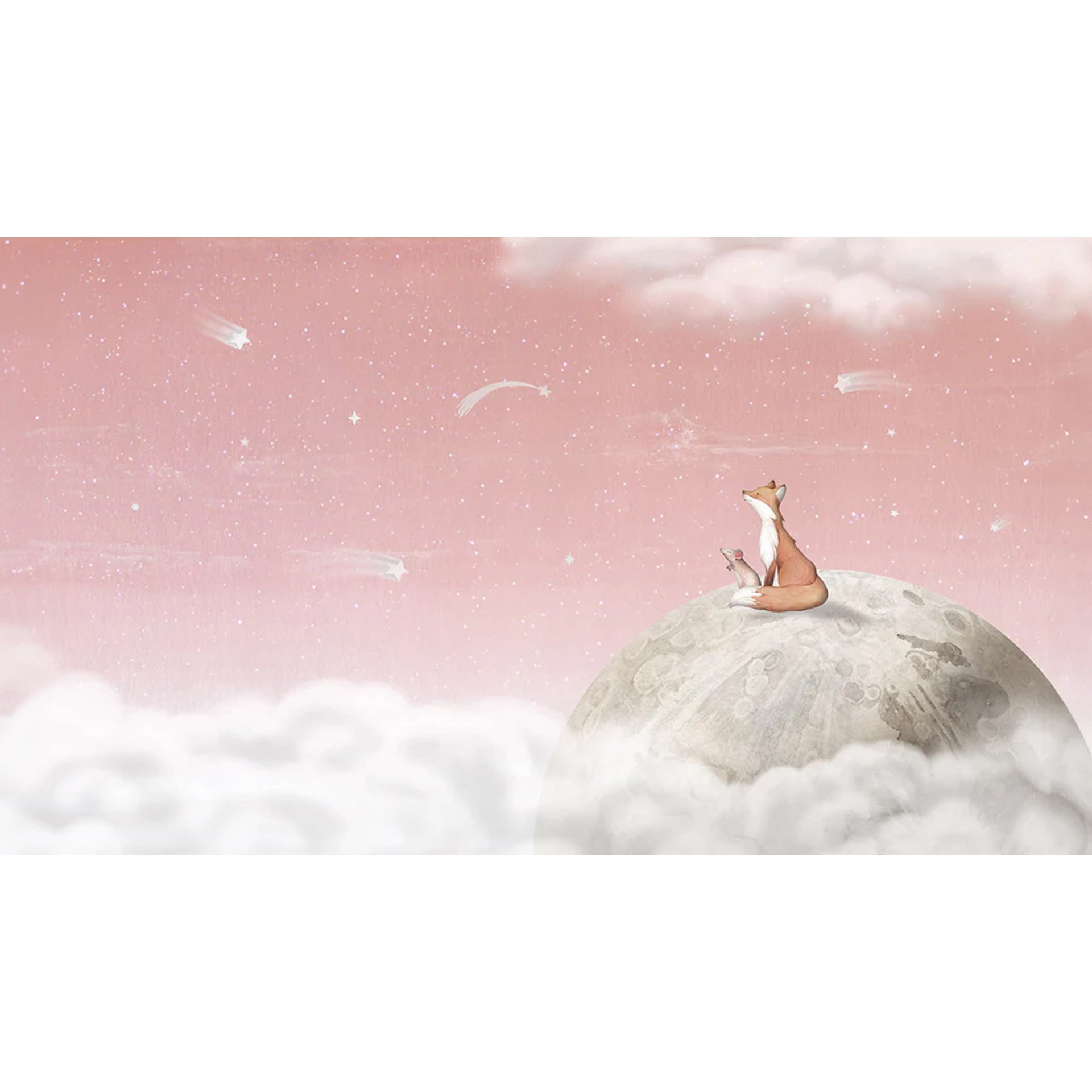 Fox-on-the-Moon:Whimsical Fox On The Moon Under A Pink Dreamy Sky With Stars