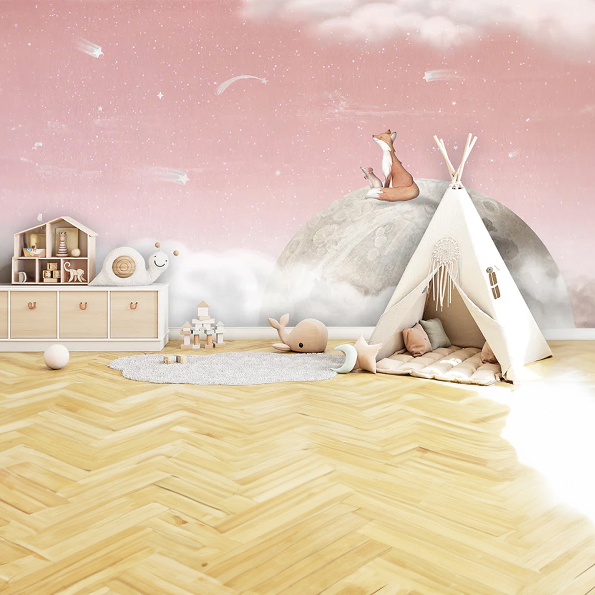 Fox-on-the-Moon:Whimsical Fox On The Moon Under A Pink Dreamy Sky With Stars