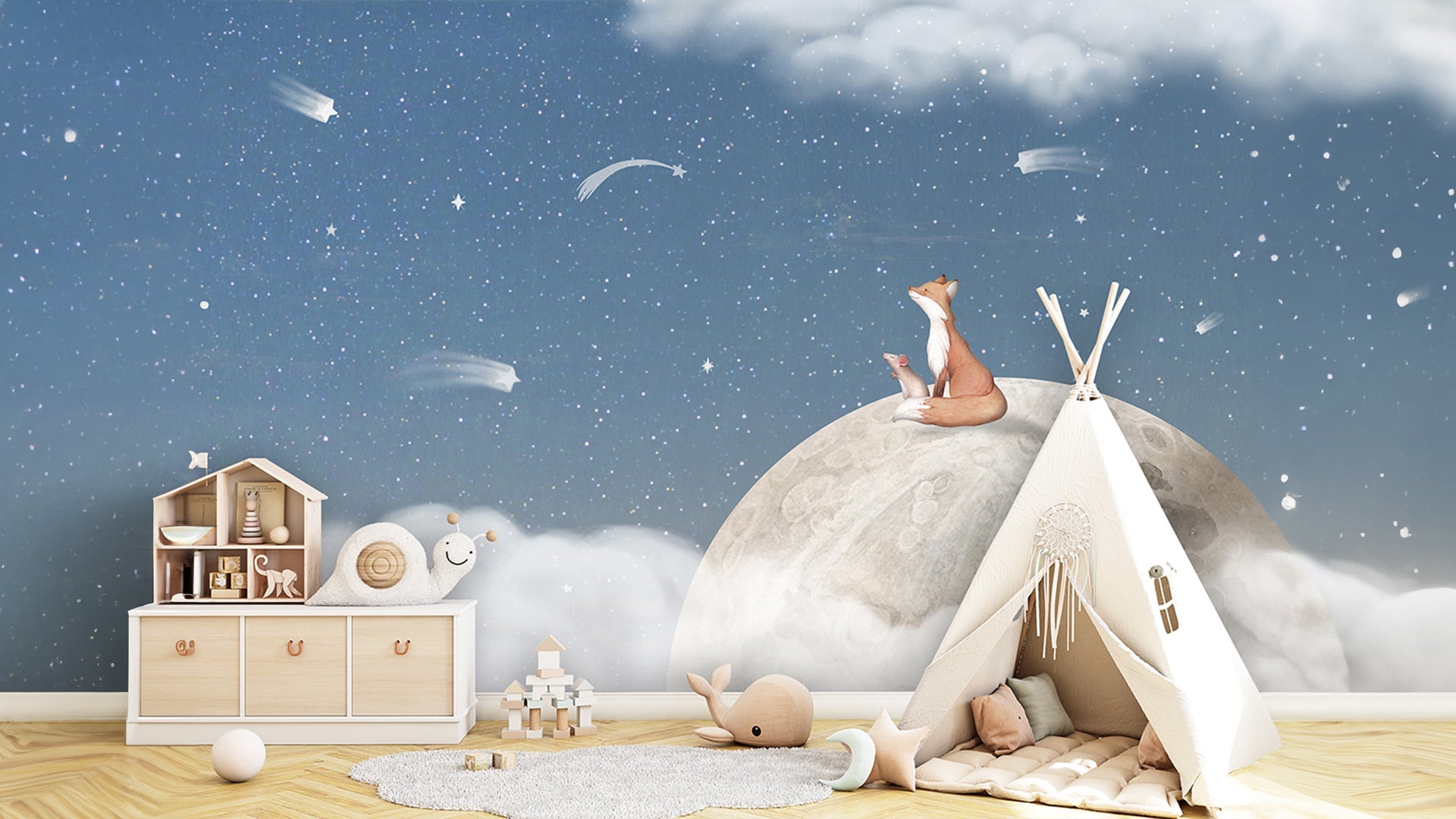 Fox On The Moon Blue: A Heartwarming Illustration Of A Fox And A Mouse Sitting Atop The Moon, Gazing At Shooting Stars In A Dreamy, Cloud-Kissed Night Sky
