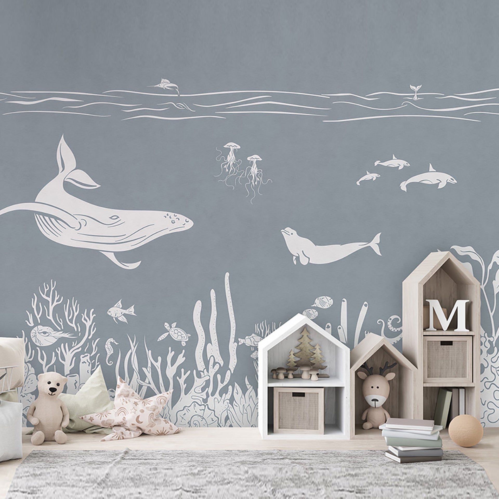 Monochrome-Sea: Underwater Coral Reef Scene With Marine Life Silhouettes Across a Calm Ocean