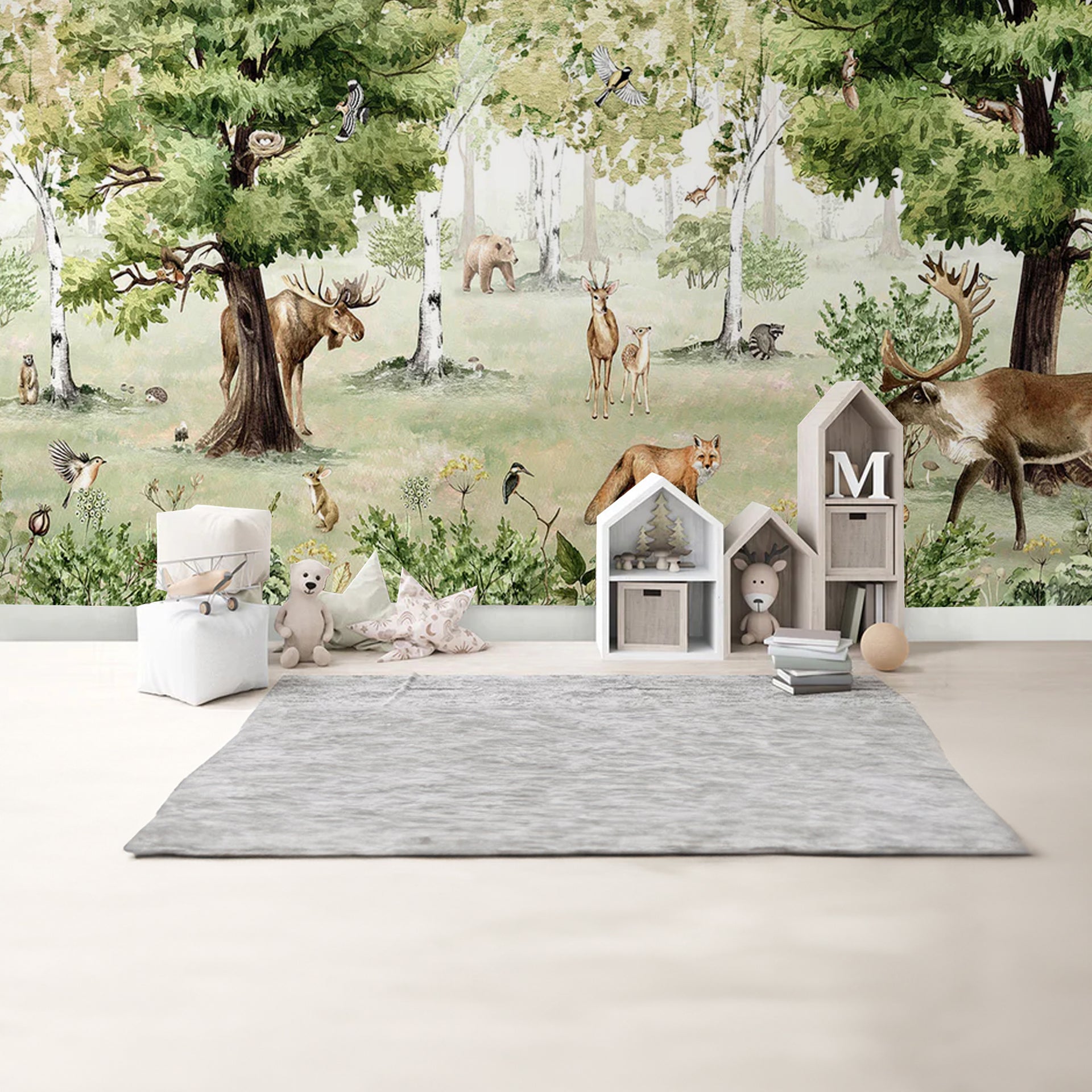 Woodland-Wonders: Dreamy Forest Scene With Elk, Deer, Foxes, Bears And Birds In Lush Green Woods