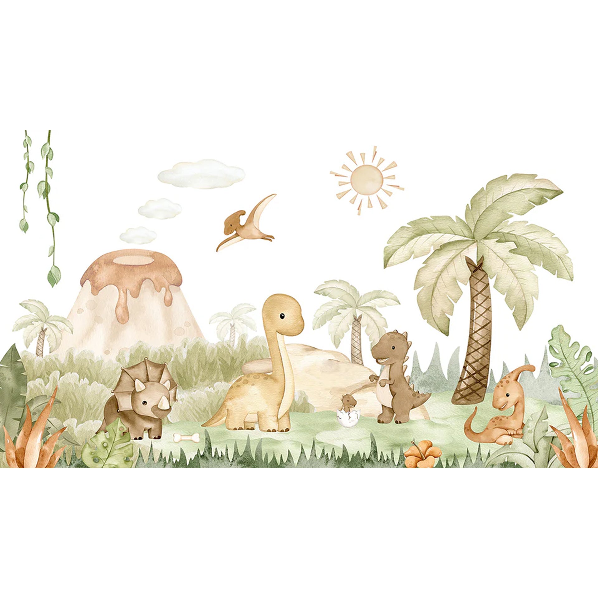 Dino-Baby: Whimsical Dinosaur Village: Watercolor Jungle Scene With Friendly Dinosaurs and Volcano