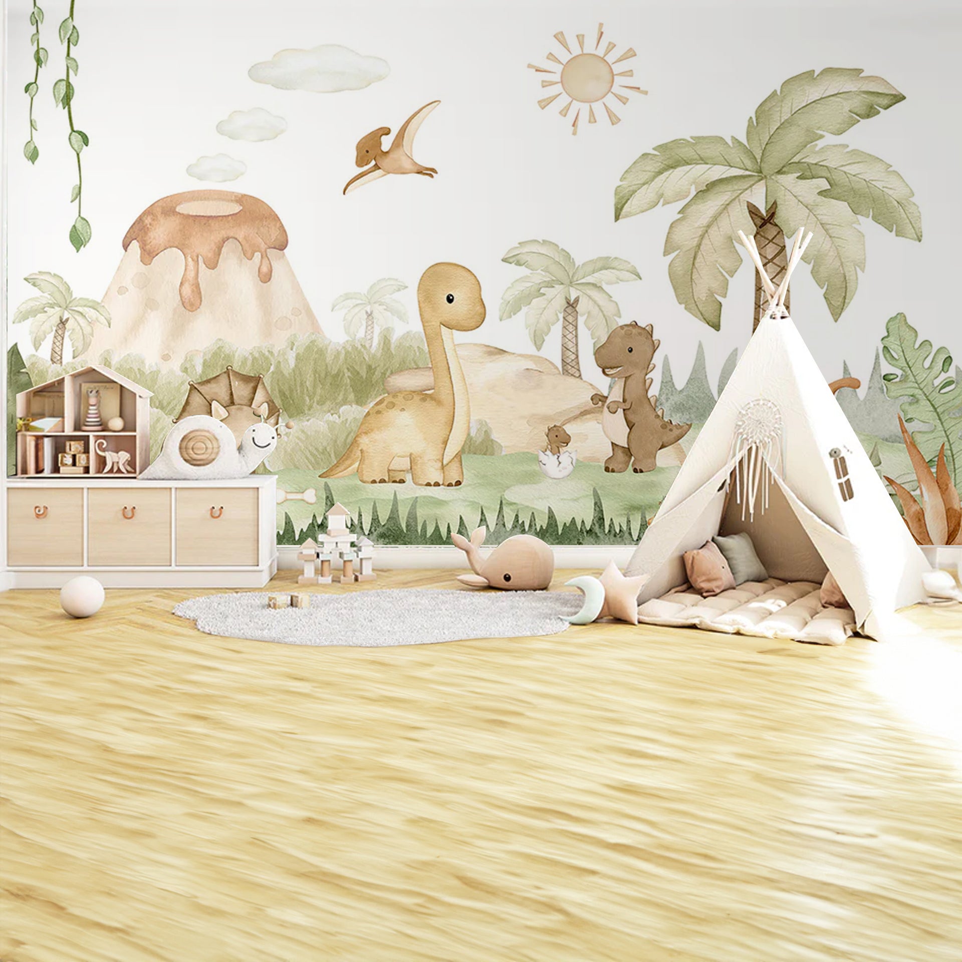 Dino-Baby: Whimsical Dinosaur Village: Watercolor Jungle Scene With Friendly Dinosaurs and Volcano