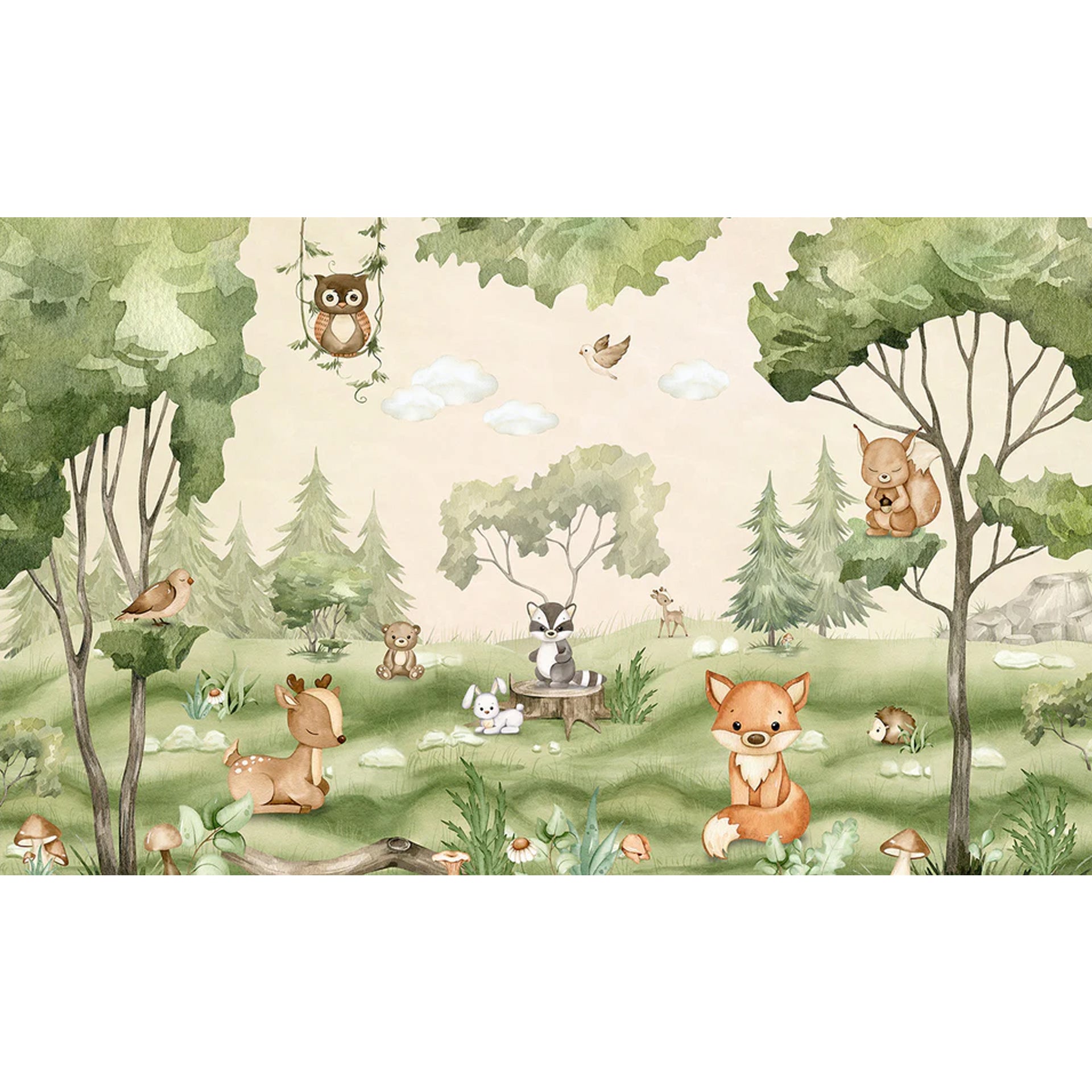 Woodland-Joy: Whimsical Forest Scene With Woodland Animals Playing In A Calm Green Meadow