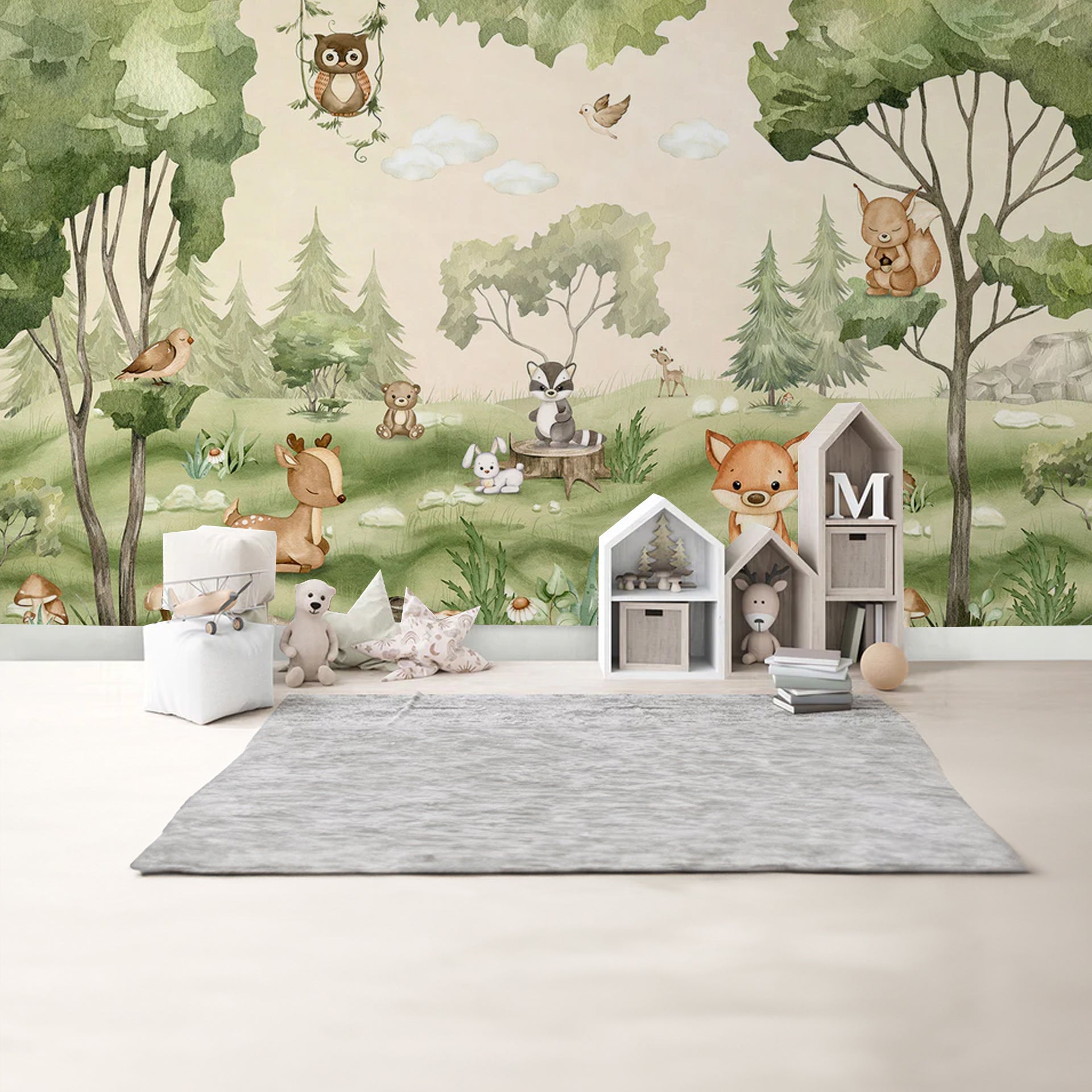 Woodland-Joy: Whimsical Forest Scene With Woodland Animals Playing In A Calm Green Meadow