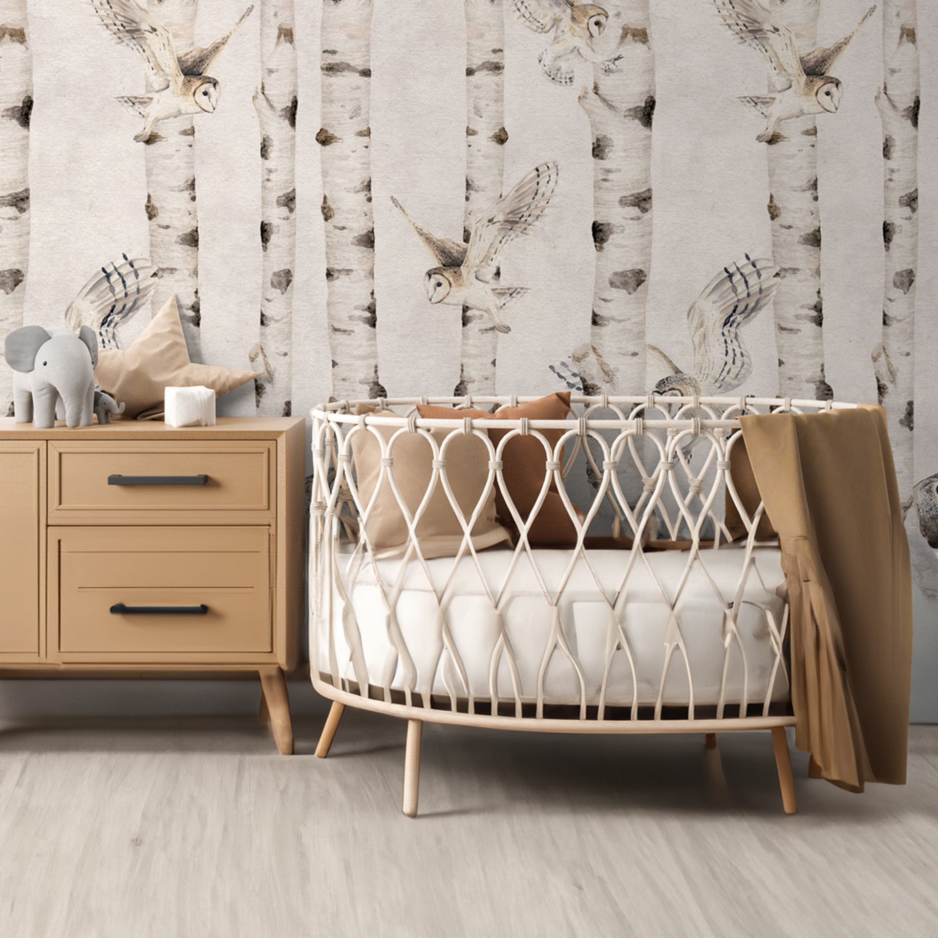 Birch-and-Owls:Birch Tree Forest Pattern With Birds Wallpaper