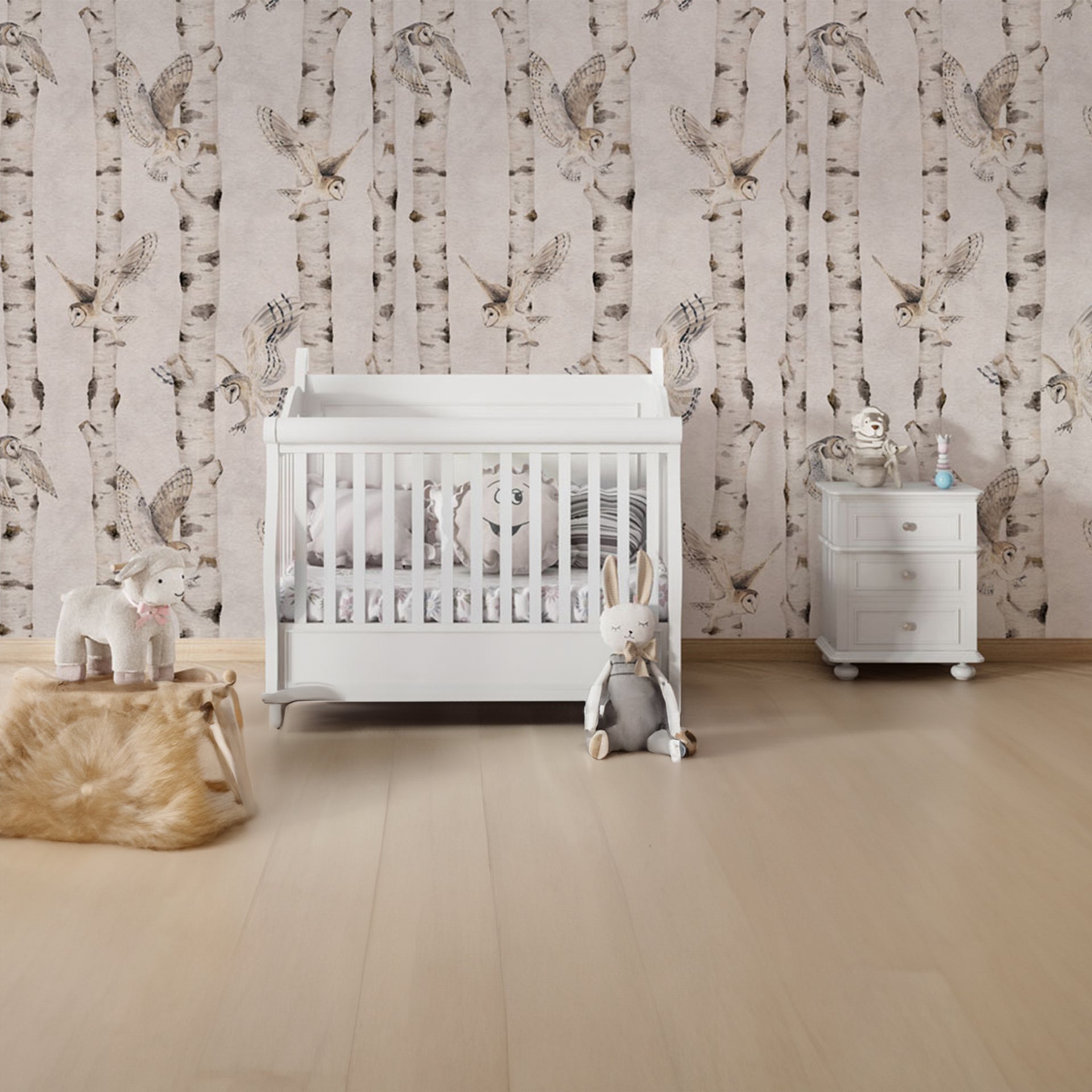 Birch-and-Owls:Birch Tree Forest Pattern With Birds Wallpaper