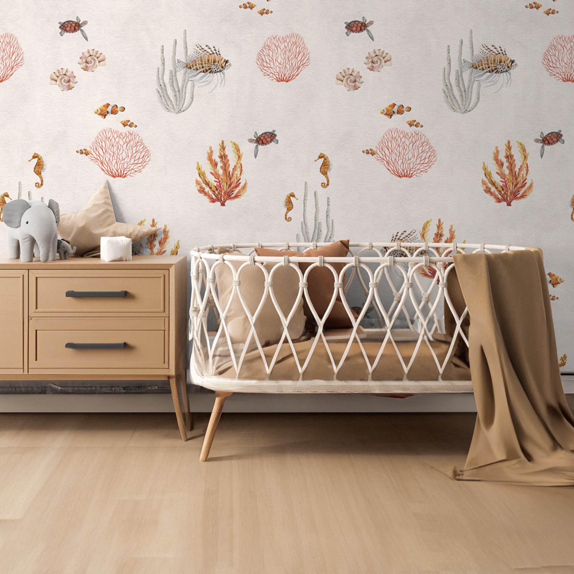 Coral-Garden:Coral Pattern With Seaweed, Shells, and Small Fishes