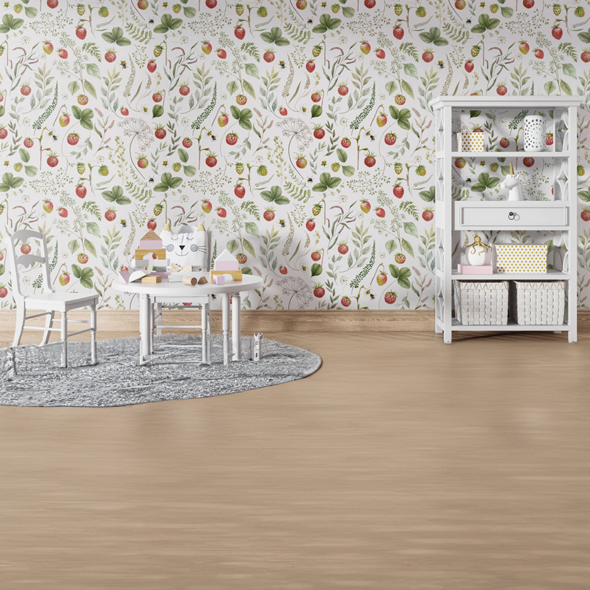 Strawberry-Hill:Botanical Pattern With Green Leaves And Red Berries