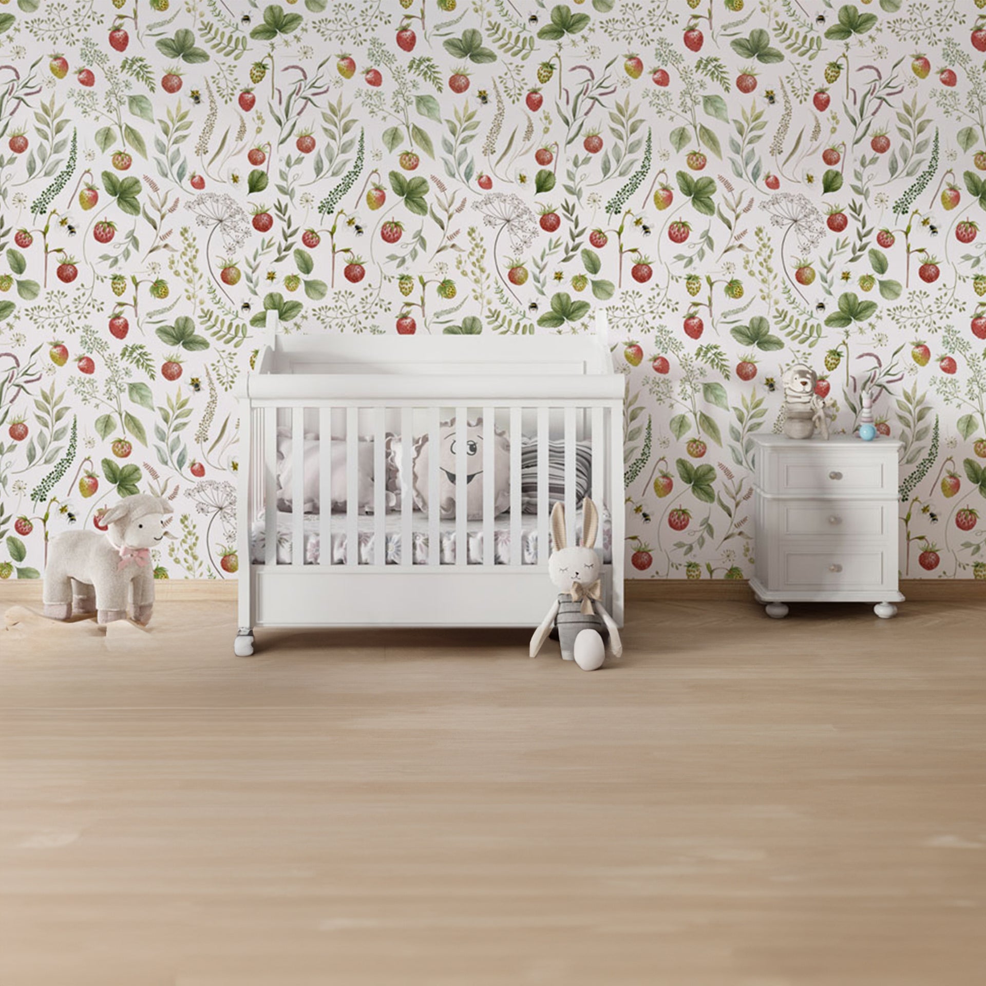 Strawberry-Hill:Botanical Pattern With Green Leaves And Red Berries