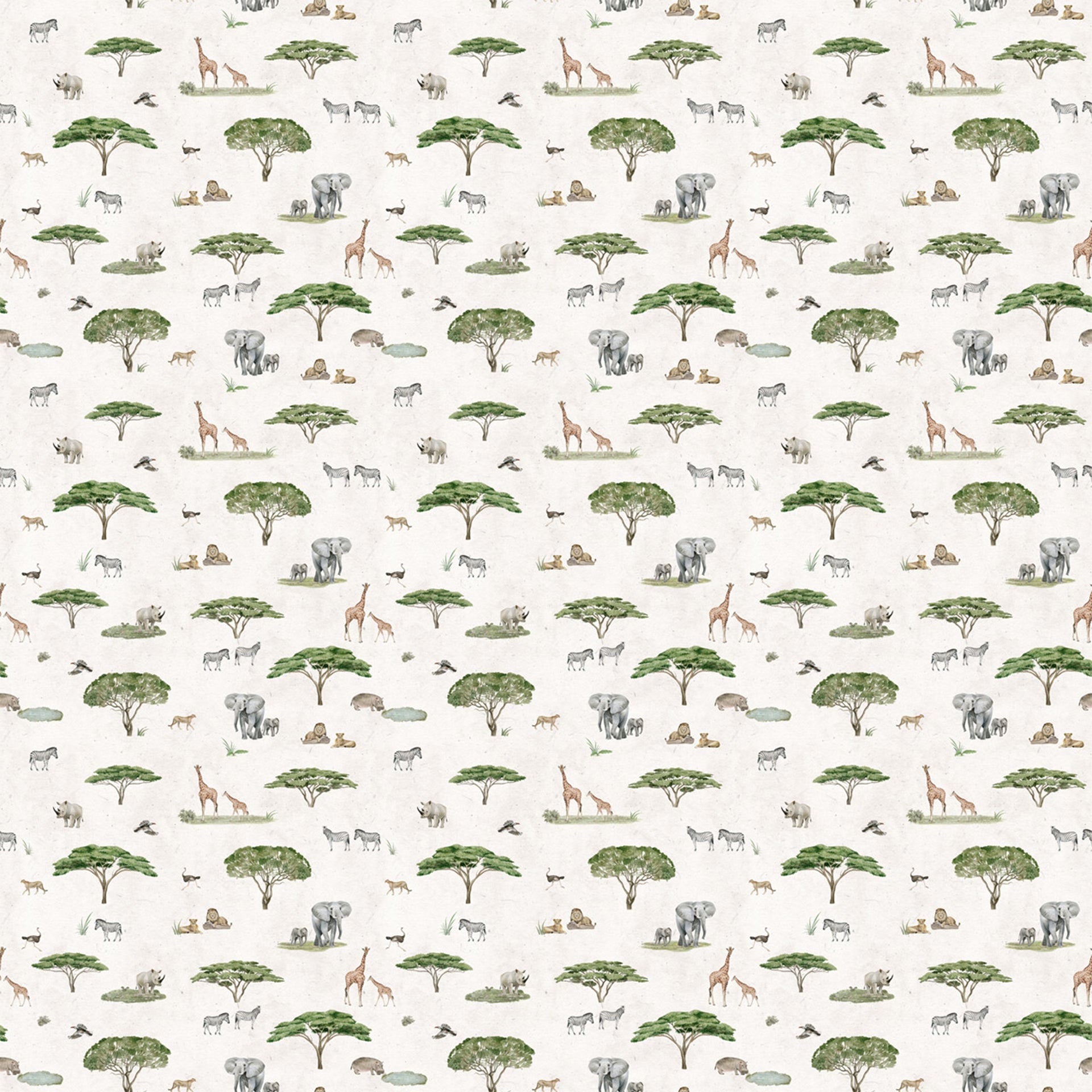 Sunny-Savannah:African Safari Pattern With Elephants, Giraffes, Lions, and Acacia Trees