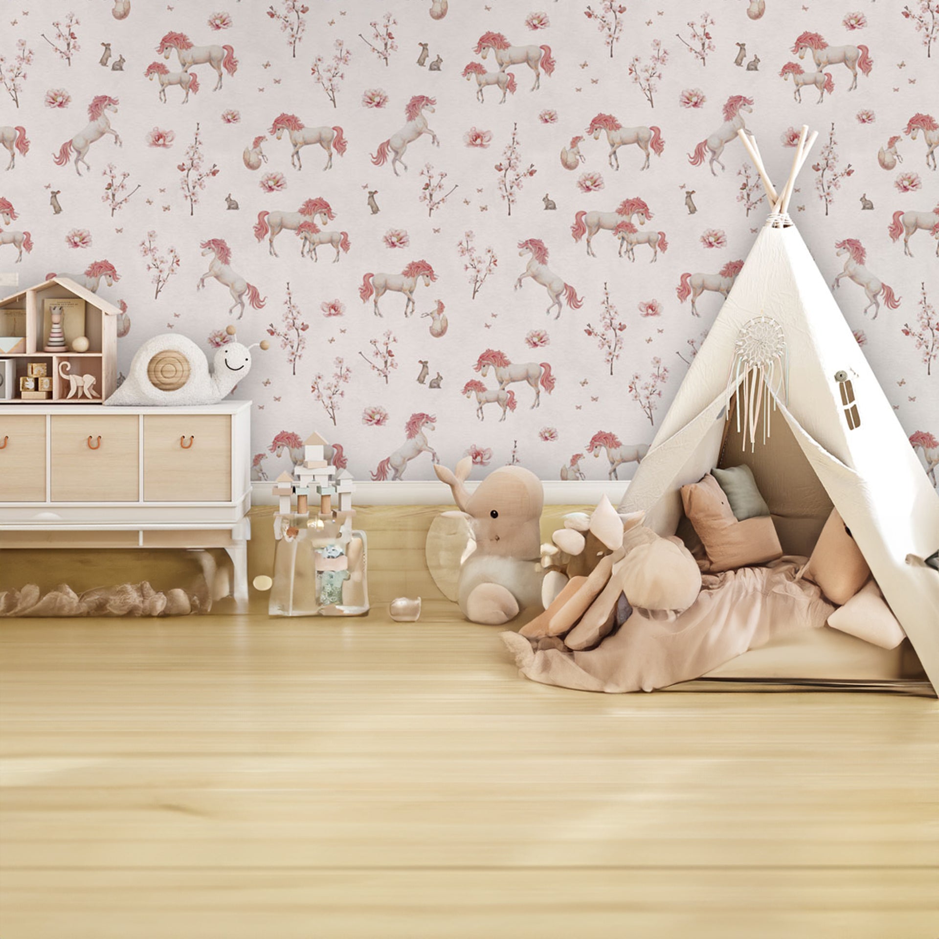 Unique-Unicorn:Pastel Horse and Floral Pattern With Pink Maned Horses, Blossoms, and Branches