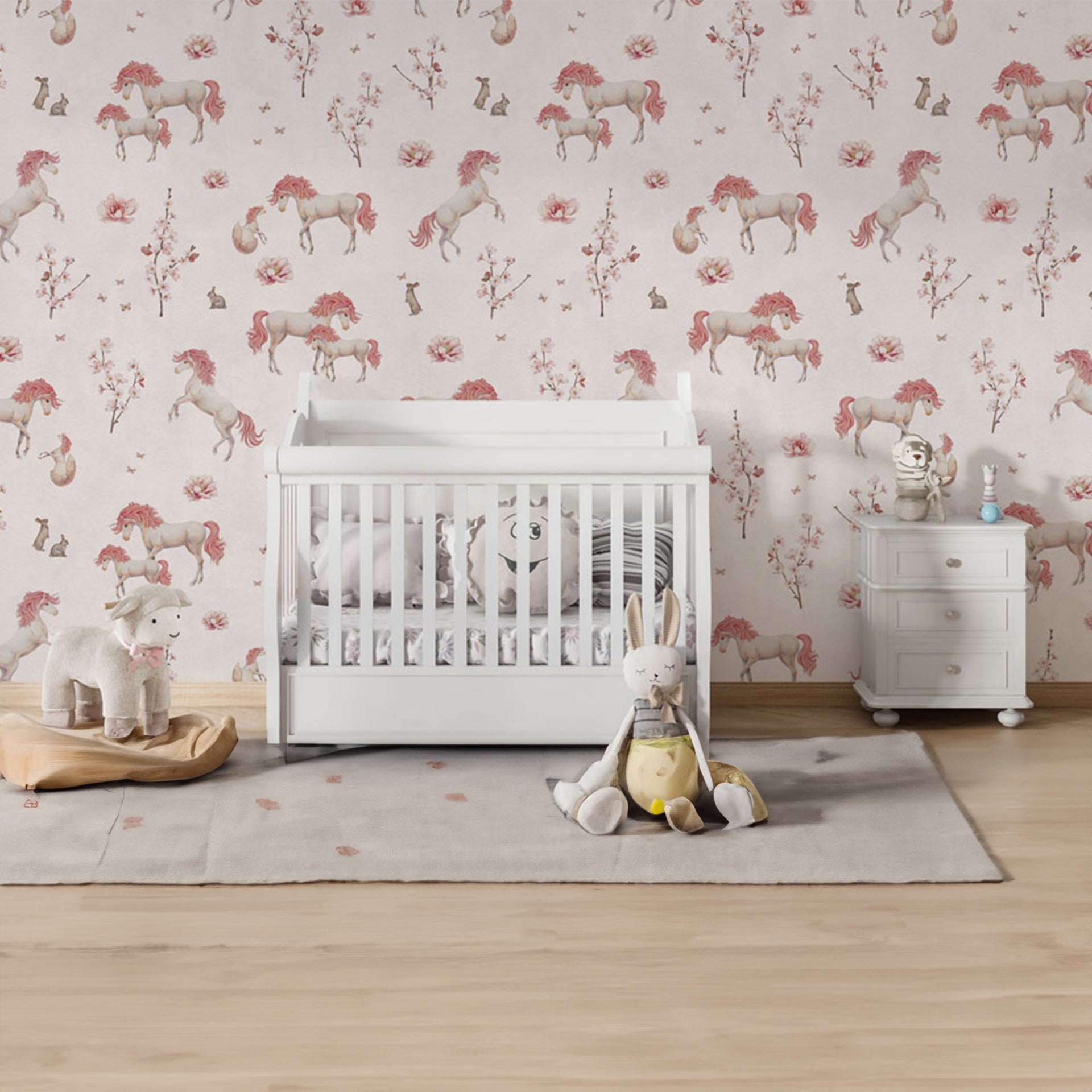 Unique-Unicorn:Pastel Horse and Floral Pattern With Pink Maned Horses, Blossoms, and Branches