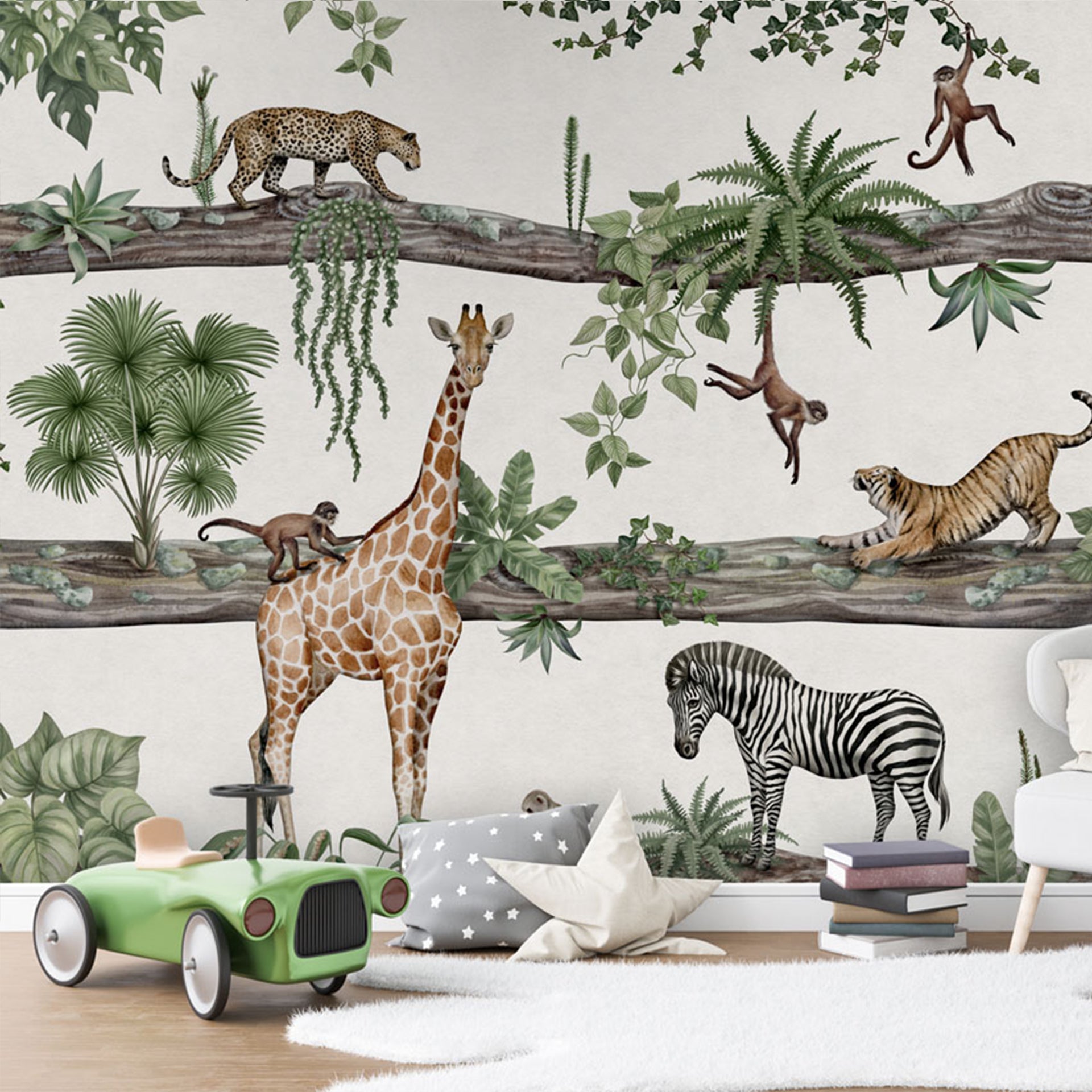 Amazing-Animals: Colorful Jungle Wallapaper With Giraffe Zebra Tiger Monkey Leopard On Wooden Logs