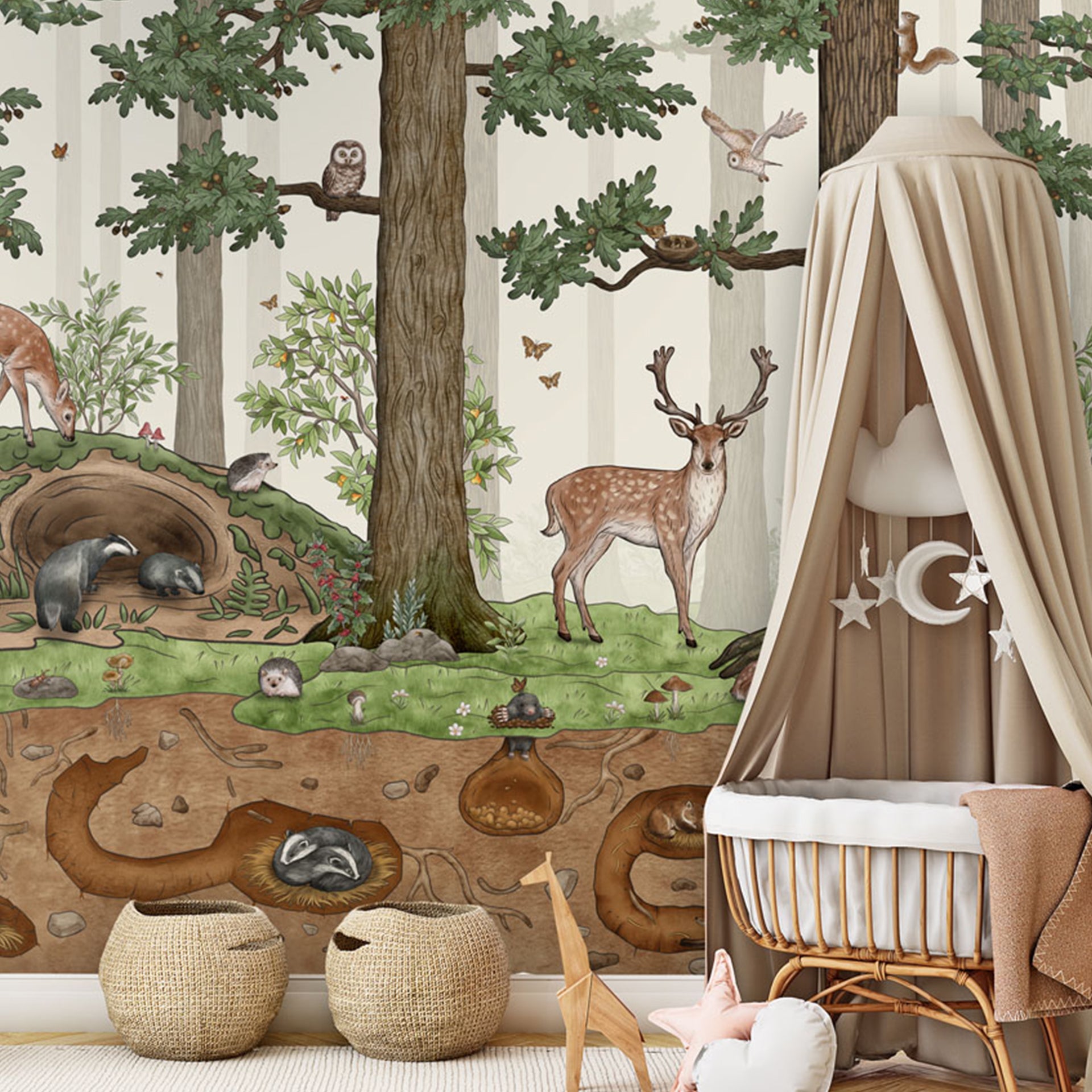 Animals-in-the-Forest: Forest Wallpaper With Deer, Squirrels, Owls, And Hidden Burrows In A Lush Woodland