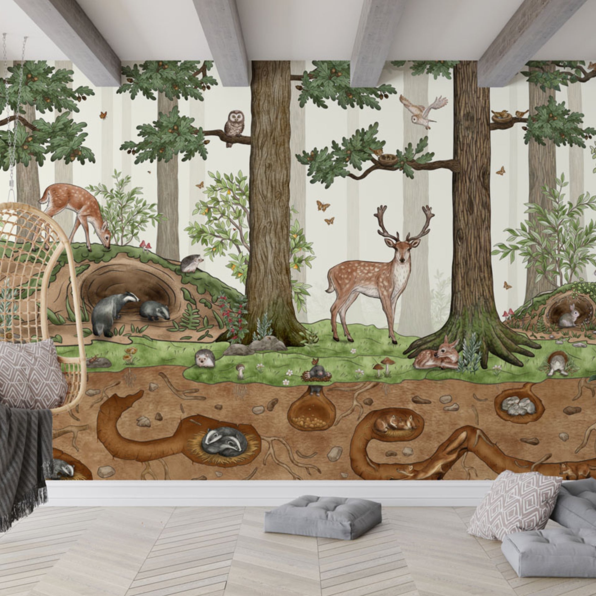 Animals-in-the-Forest: Forest Wallpaper With Deer, Squirrels, Owls, And Hidden Burrows In A Lush Woodland