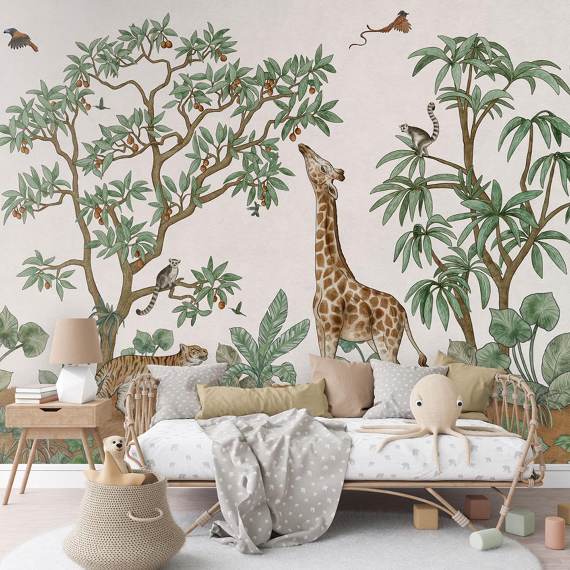 Animals-in-the-Jungle: Whimsical Wallpaper With Giraffe, Tiger, Monkeys, And Colorful Birds Among Lush Trees