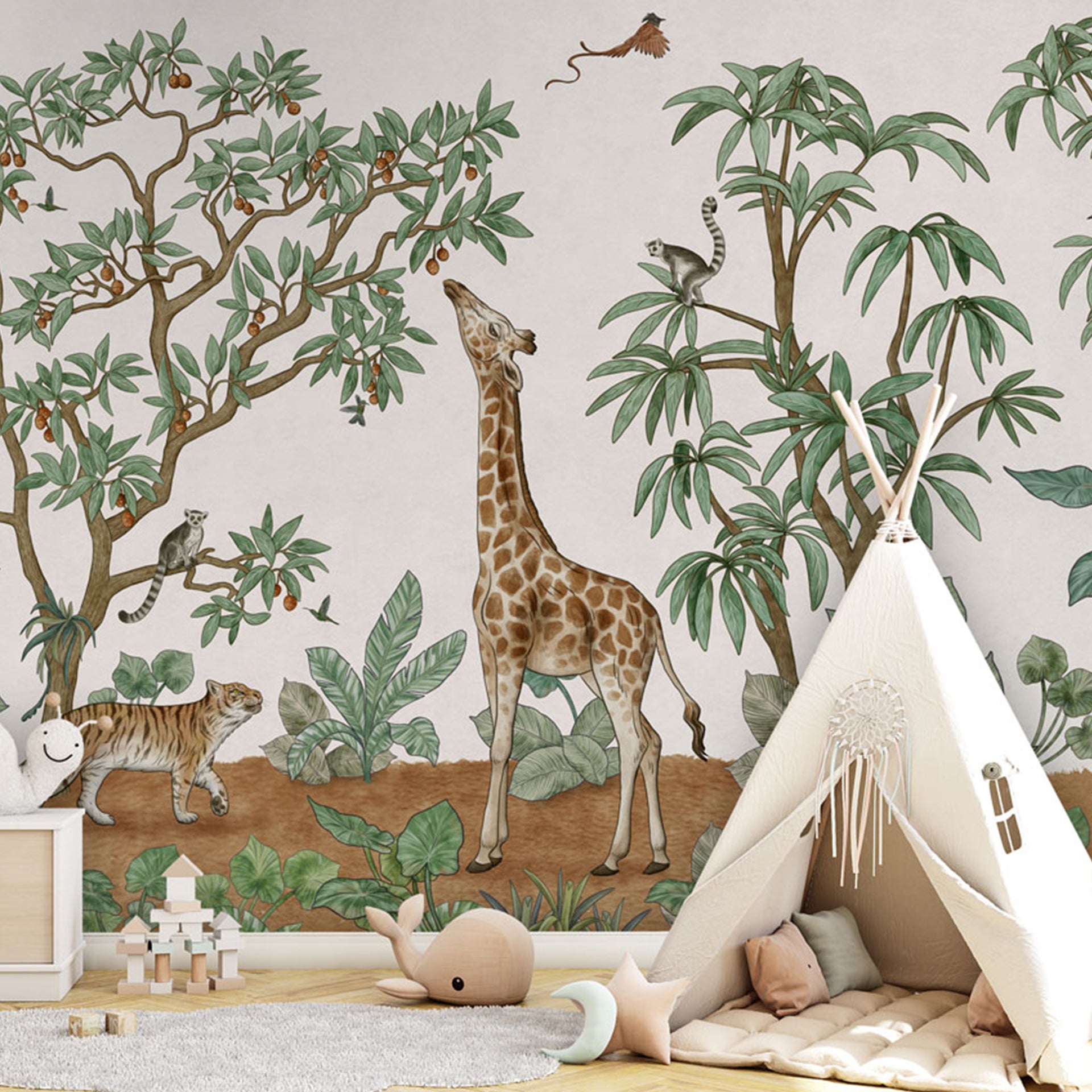 Animals-in-the-Jungle: Whimsical Wallpaper With Giraffe, Tiger, Monkeys, And Colorful Birds Among Lush Trees