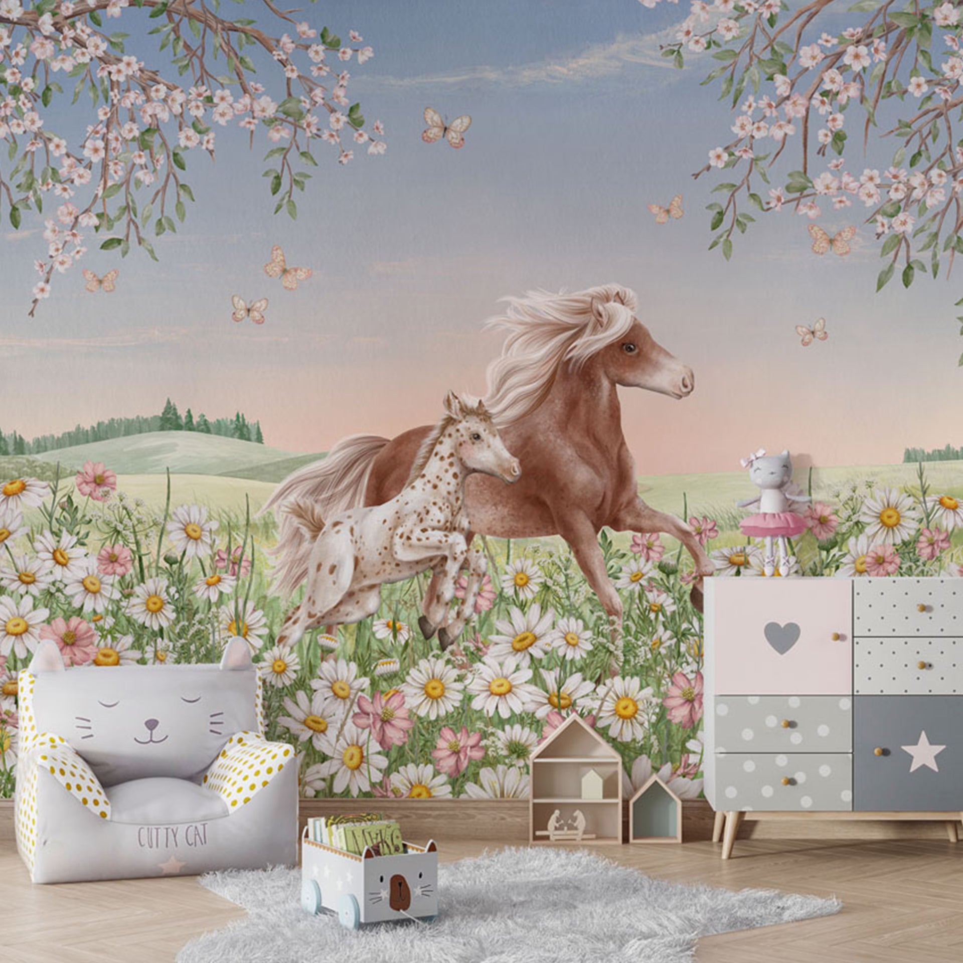 Happy-Horses:Running Horses Amid Blooming Daisies and Cherry Blossom