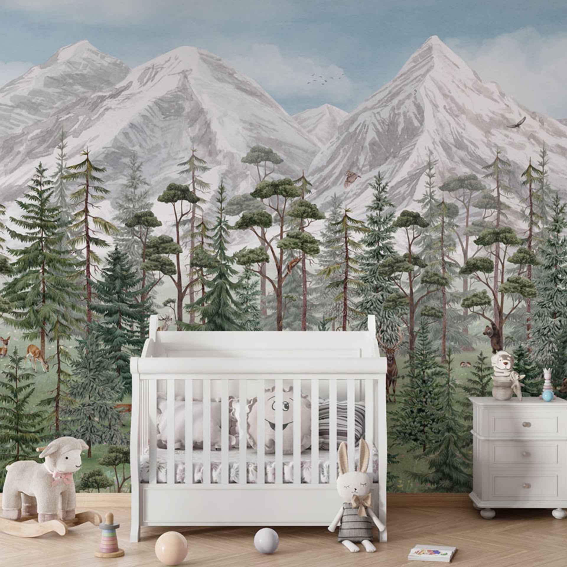 Mountain-Forest:Serene Snowy Mountain Forest Landscape With Wildlife and Tall Snowy Pines