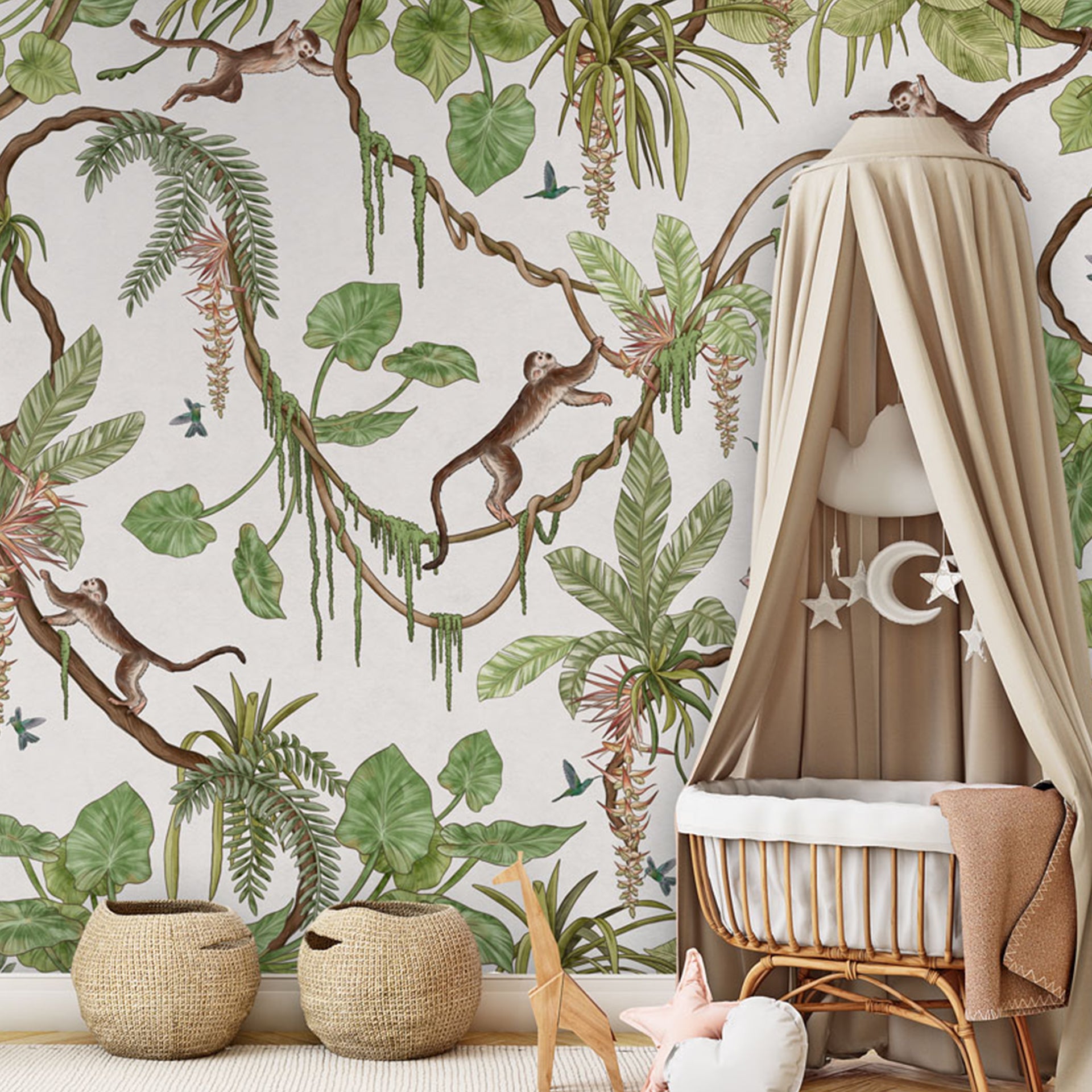 Playful-Monkeys:Tropical Jungle Wallpaper With Monkeys, Vines, and Lush Green Leaves Pattern Background
