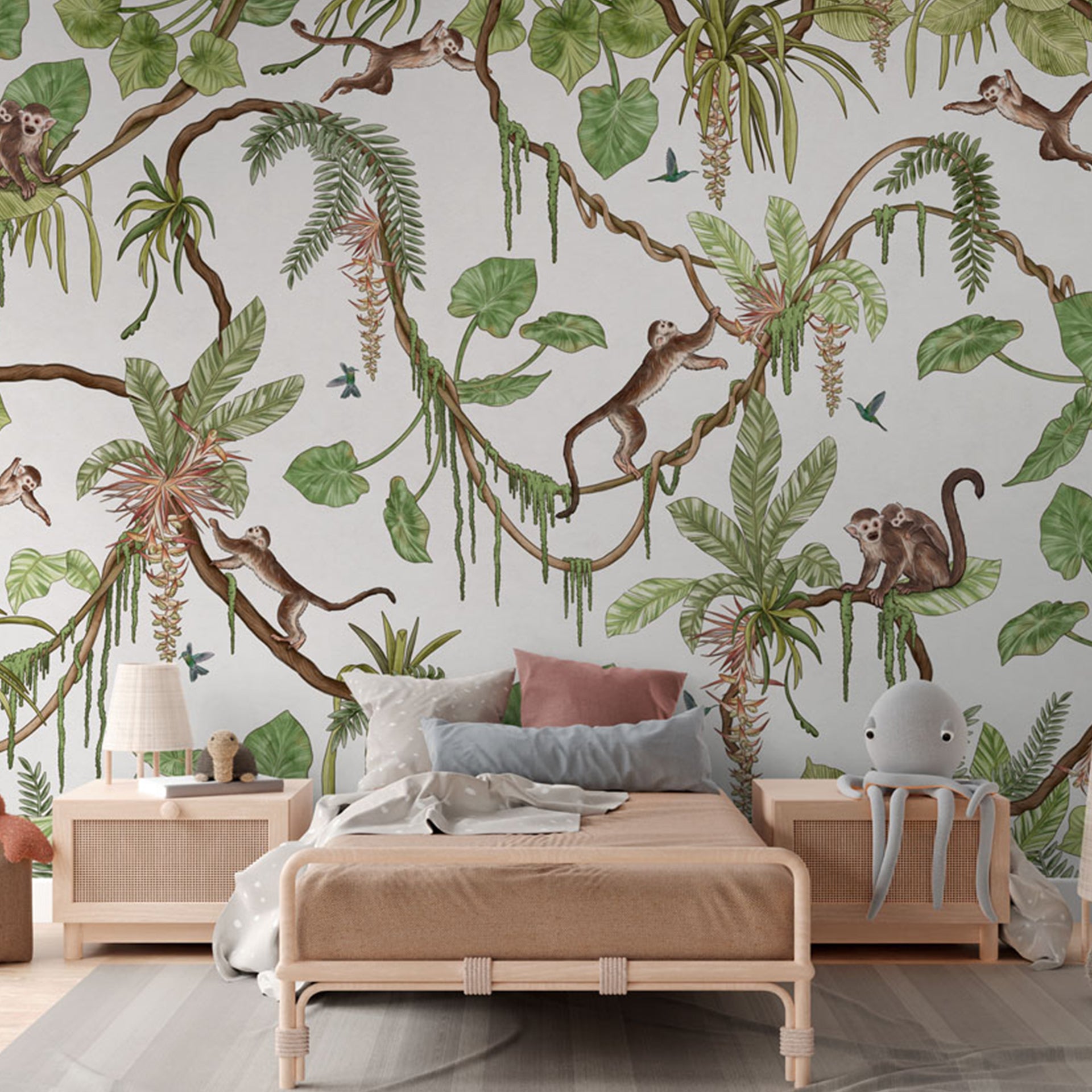 Playful-Monkeys:Tropical Jungle Wallpaper With Monkeys, Vines, and Lush Green Leaves Pattern Background