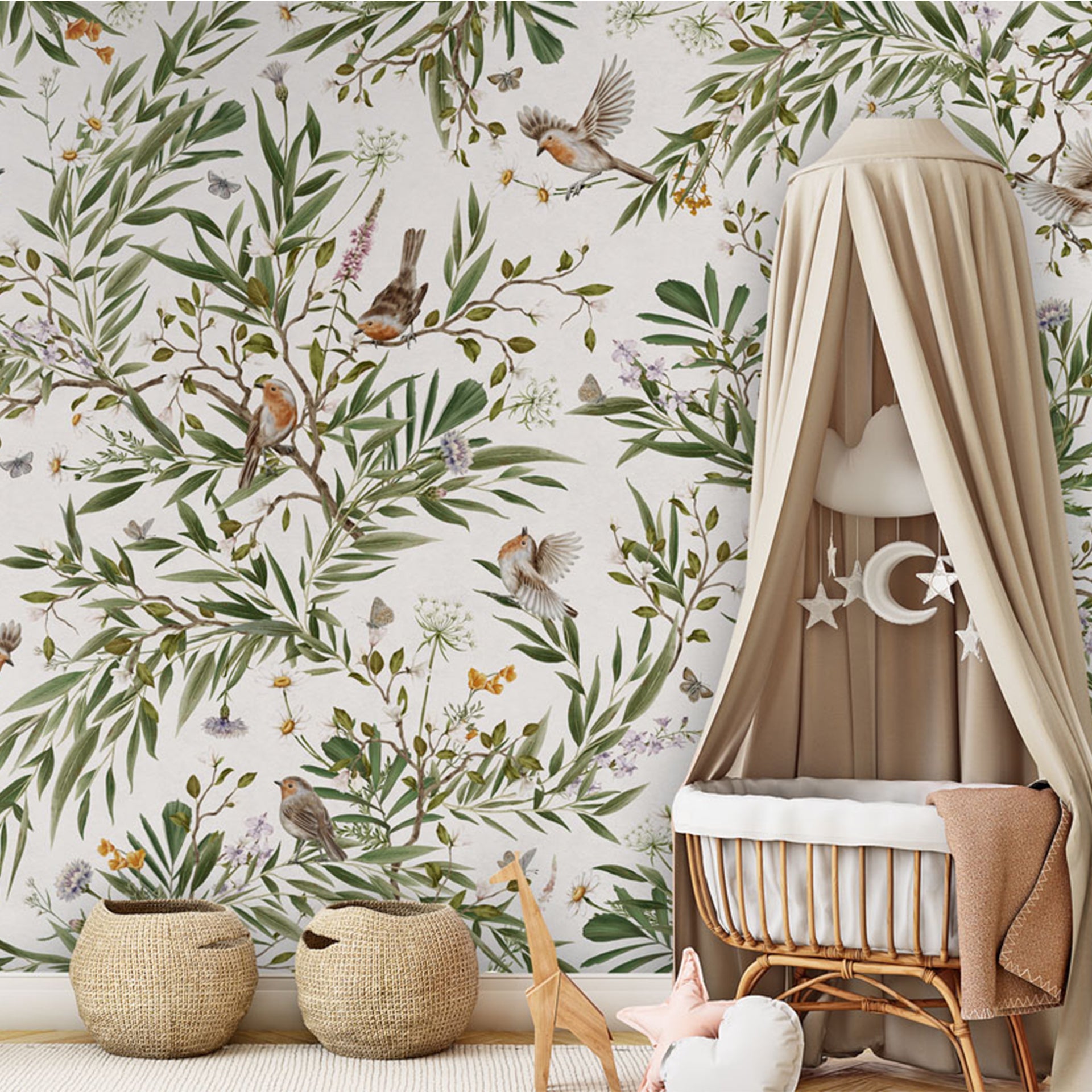 Playful-Robins:Elegant Olive Branch Pattern With Small Birds, Floral Elements, and Natural Botanical Charm