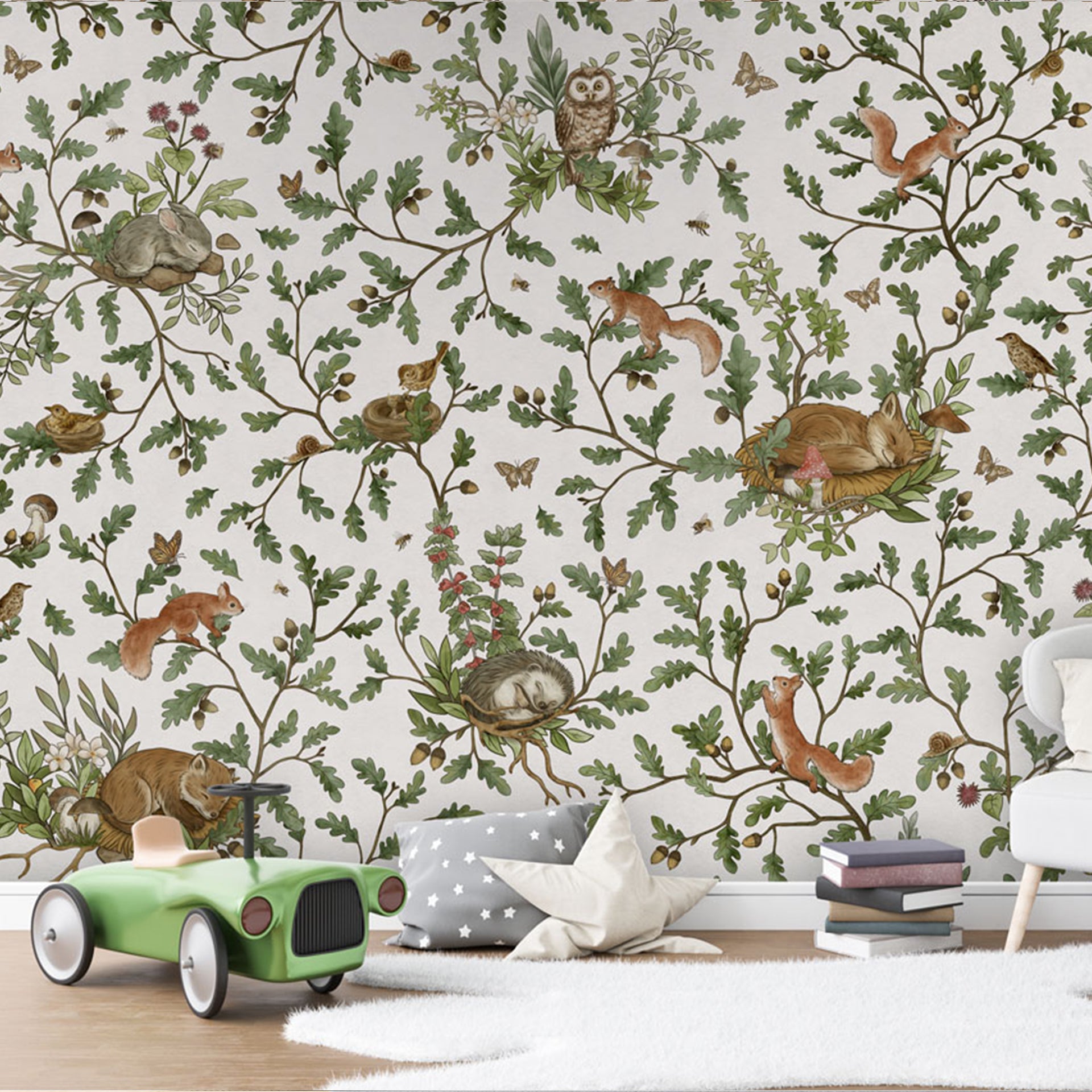 Playful-Woods:Whimsical Woodland Animals Wallpaper With Squirrels Owls Rabbits In Greenery & Vines
