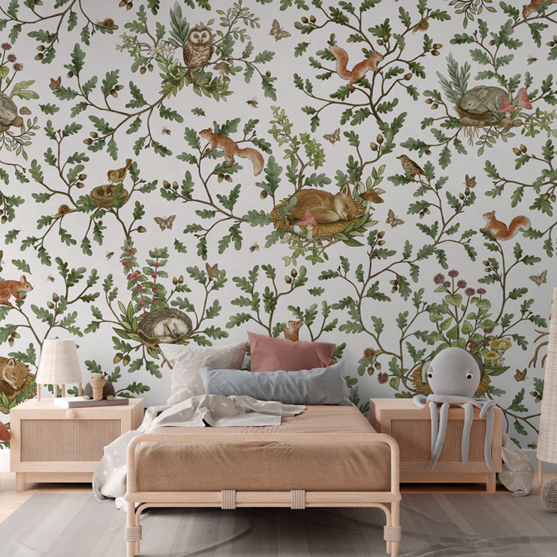 Playful-Woods:Whimsical Woodland Animals Wallpaper With Squirrels Owls Rabbits In Greenery & Vines