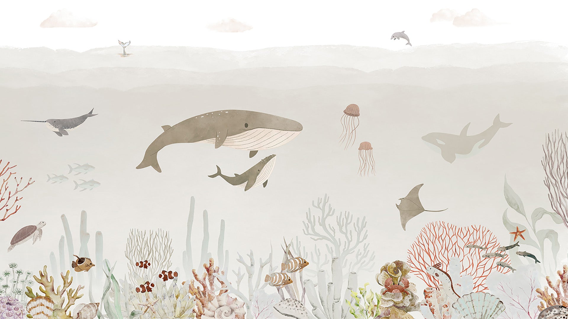 underwater Sea life Wallpaper With Whales, Fish, Jellyfish, and Coral Reefs