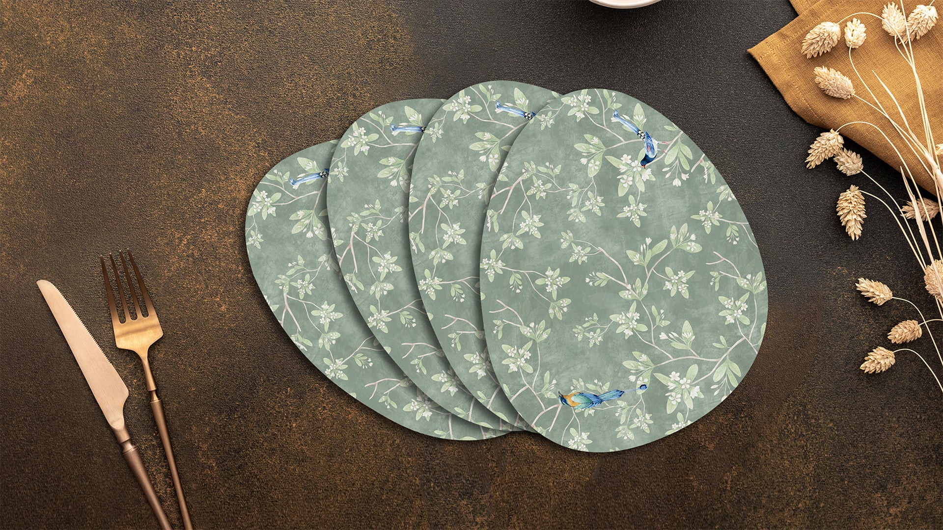 Papillon Leaves Premium Printed MDF Wooden Dining Table Mat