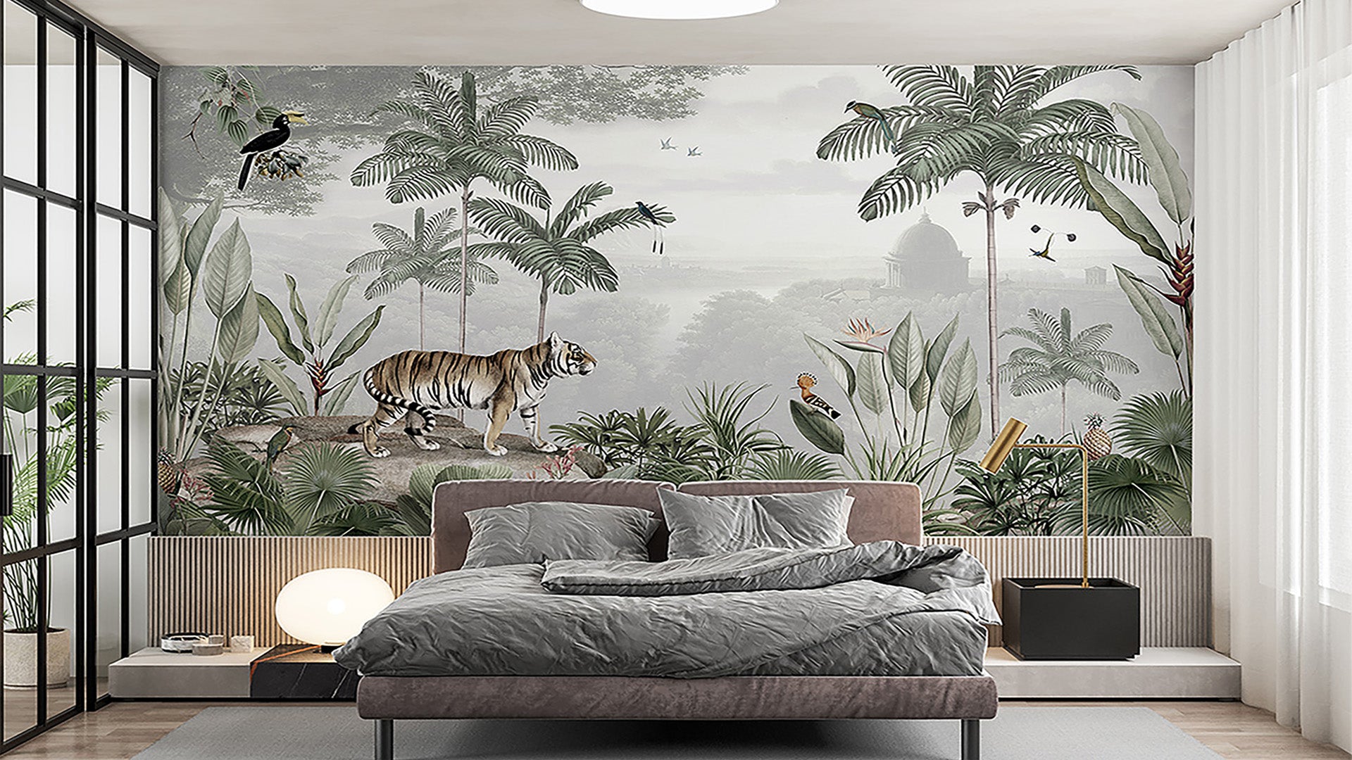 Tropical Wallpaper Mural with a White Tiger in Exotic Landscape