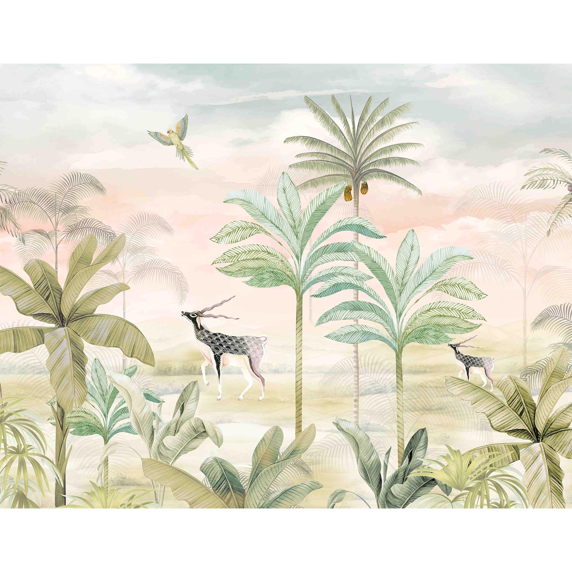 Among The Trees: Tropical Landscape Illustration With Deer Palm Trees And Soaring Bird