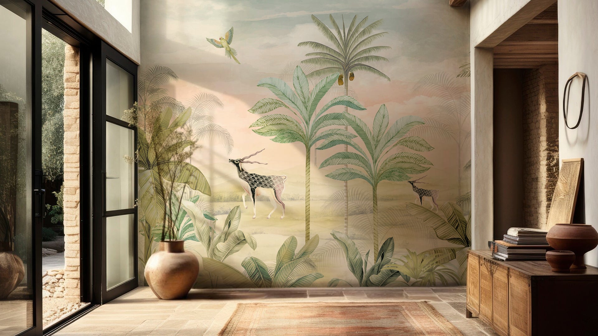 Among the Trees- Tropical Landscape Illustration With Deer, Palm Trees, and Soaring Bird