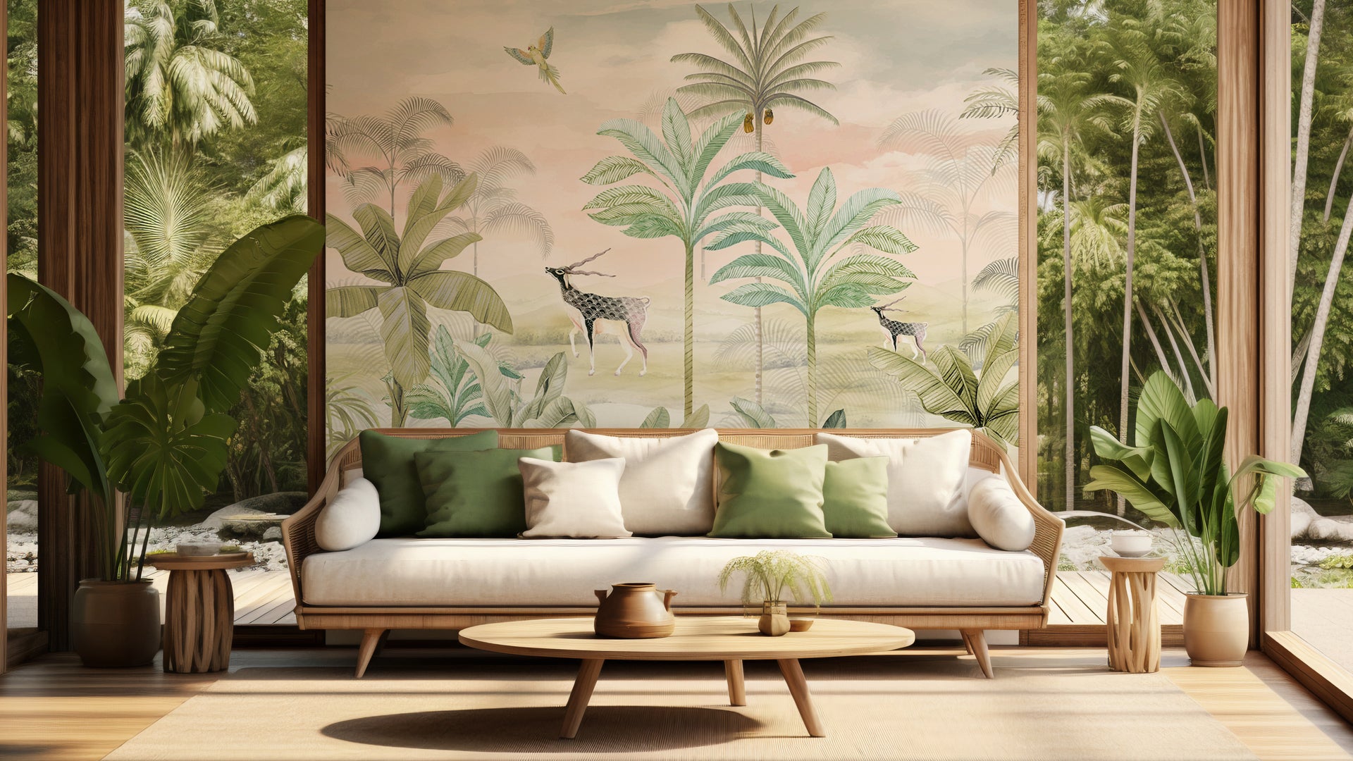 Among the Trees- Tropical Landscape Illustration With Deer, Palm Trees, and Soaring Bird