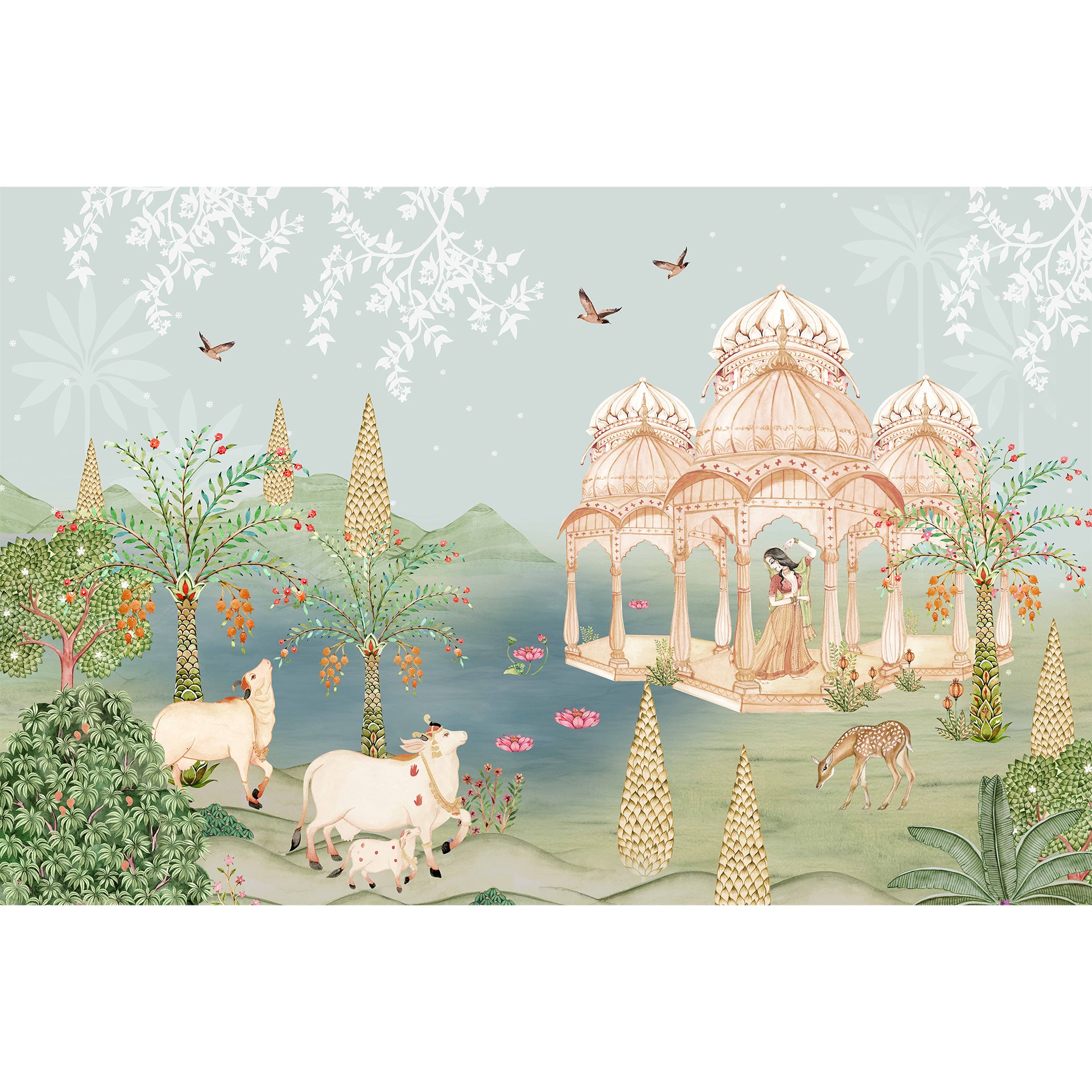 Moonlit Pichwai: Vrindavan Inspired Wallpaper With Lotus, Lake And Animals