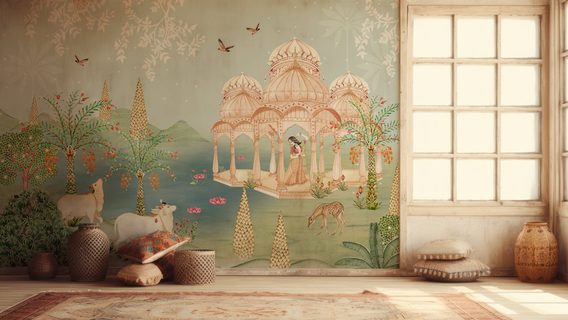 Moonlit Rhythms- Serene Landscape with Palace, Animals, and Elegant Vintage Nature Elements